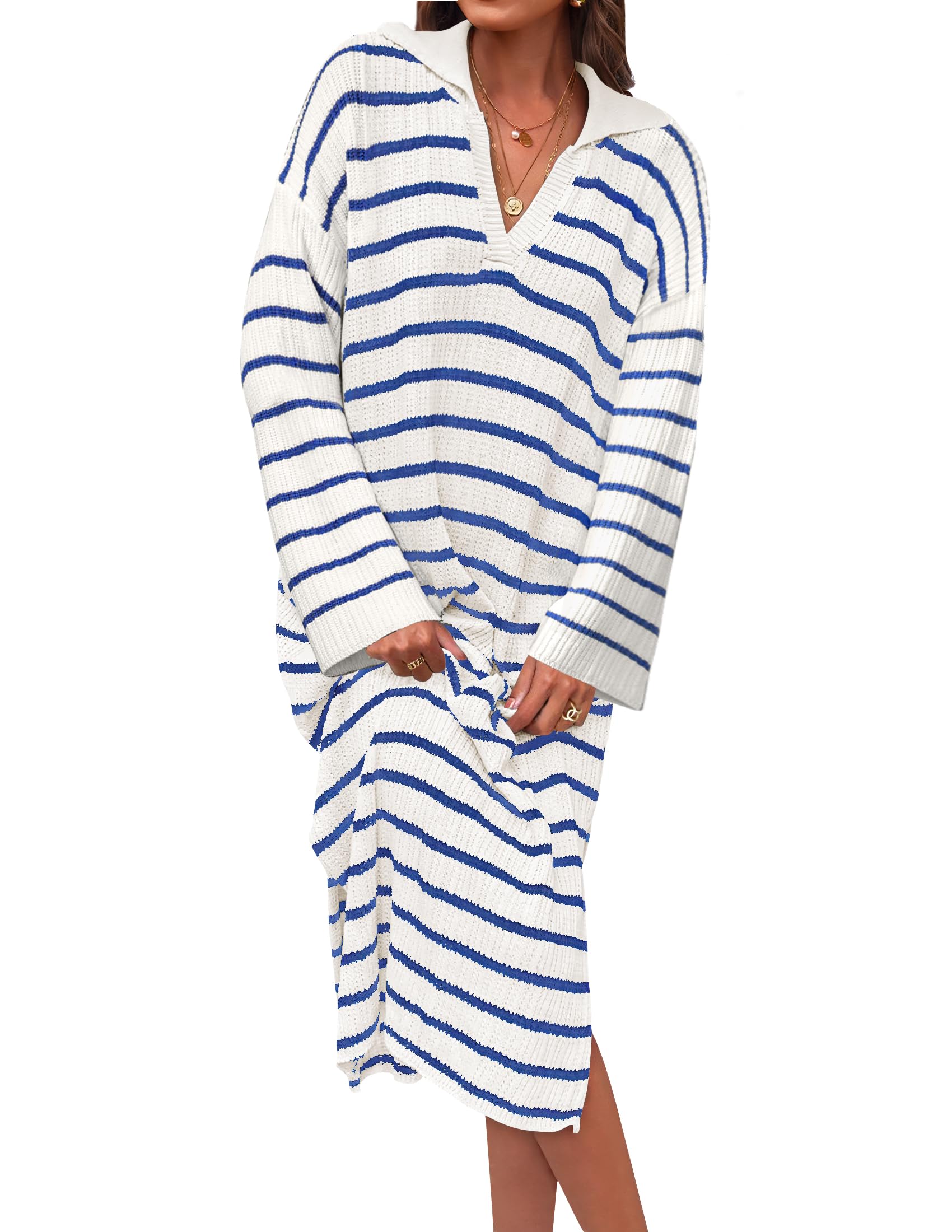 Luxuii Striped Sweater Dresses Lapel V Neck Knit Side Slit Midi Dress