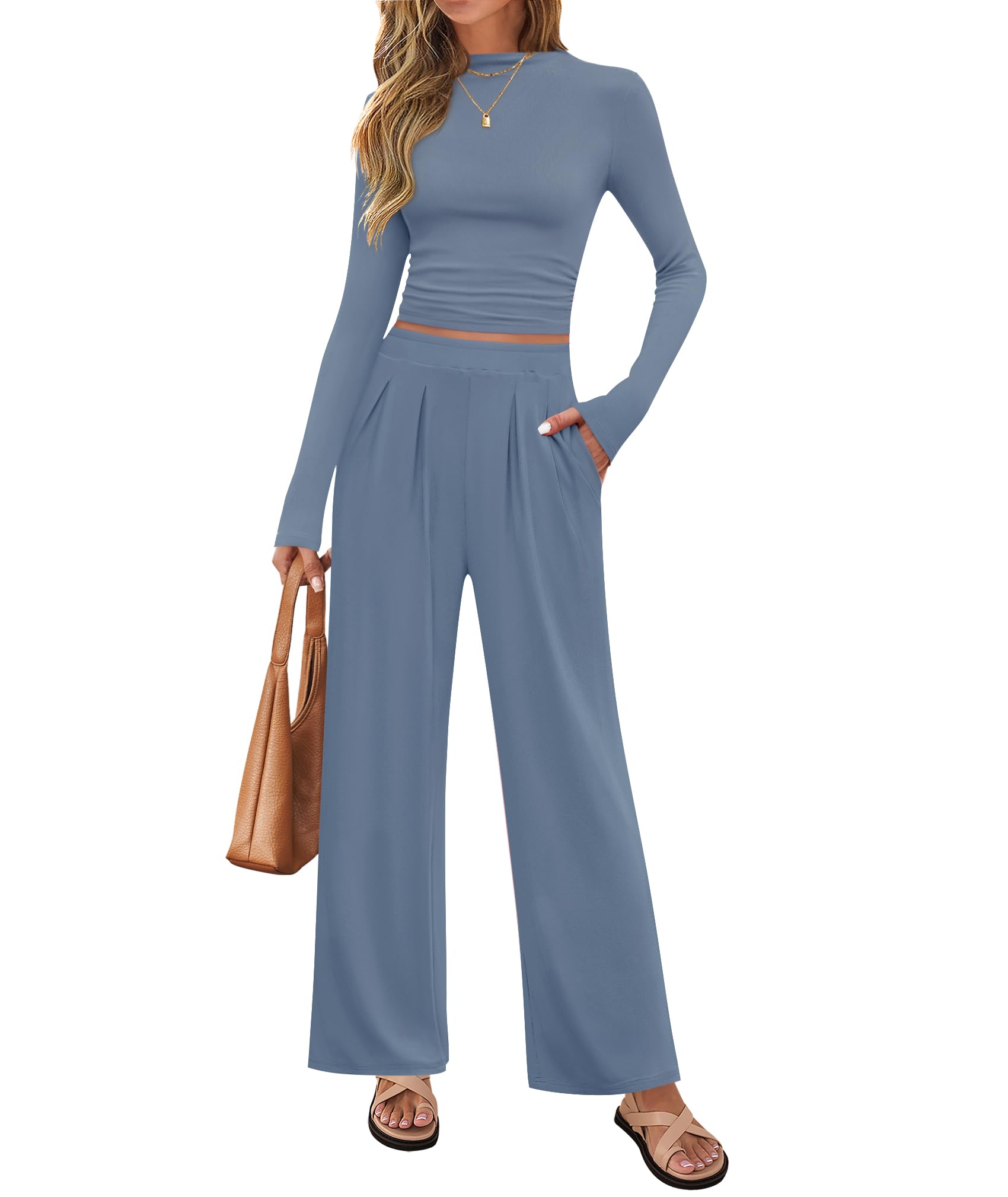 Luxuii Ruched Fitted Crop Top Wide Leg Pants Knit Lounge Sets