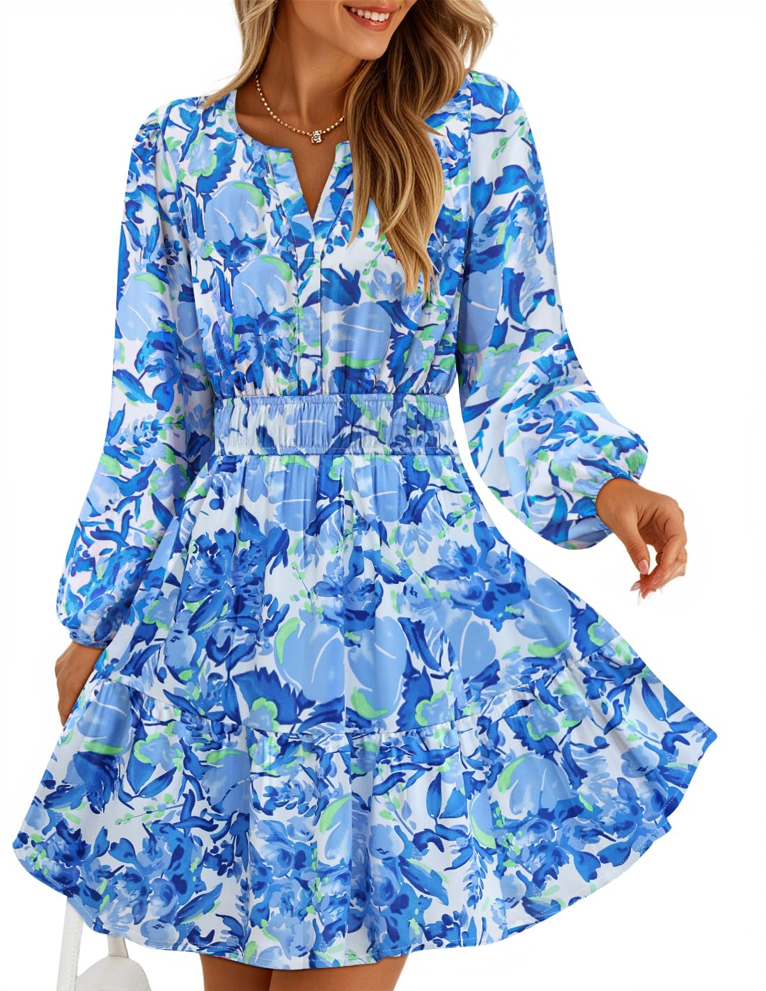 Luxuii Floral V Neck Smocked A Line Flowy Boho Mini Dresses