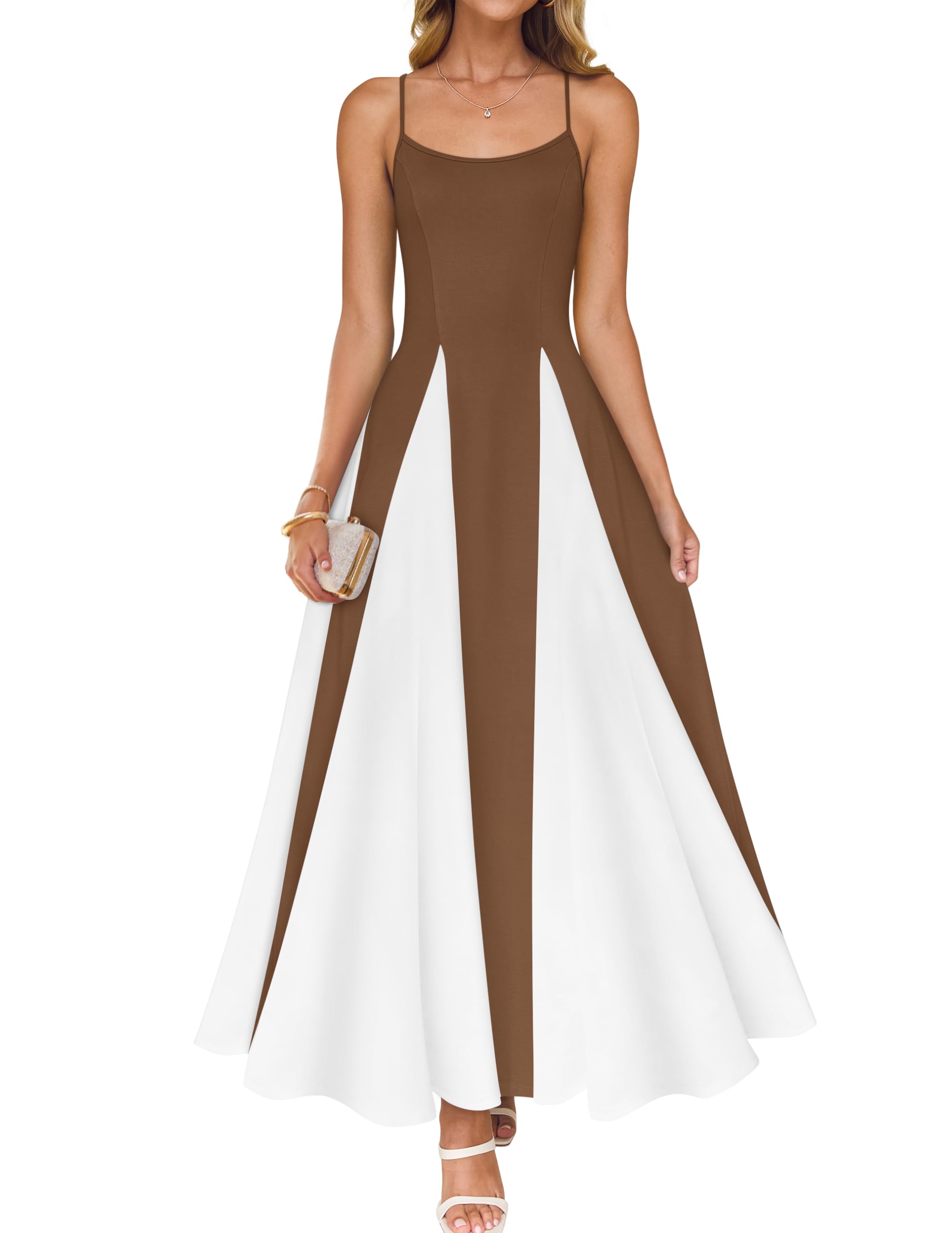 Luxuii Spaghetti Strap Sleeveless Color Block A Line Flowy Dresses