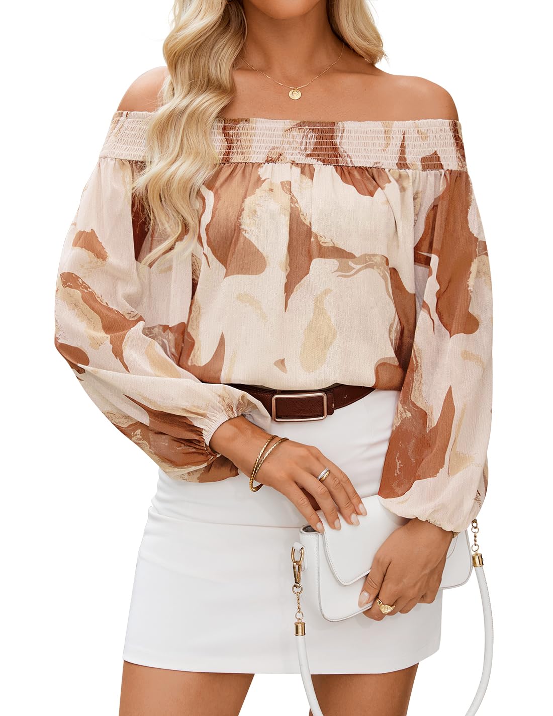 Luxuii Off Shoulder Floral Chiffon Loose Dressy Blouses