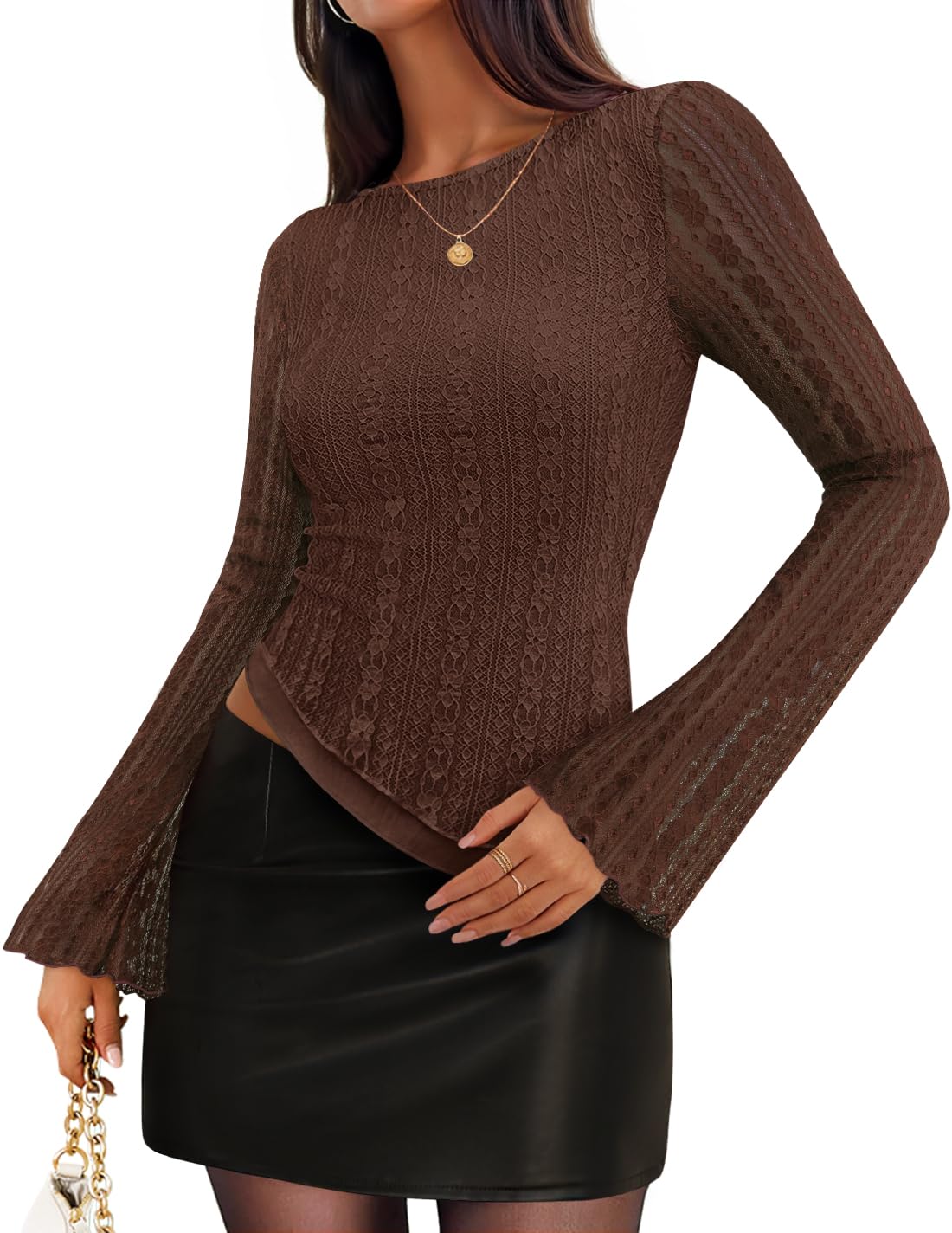 Luxuii Lace Mesh Double Lined Boat Neck Slim Fit Asymmetrical Tops