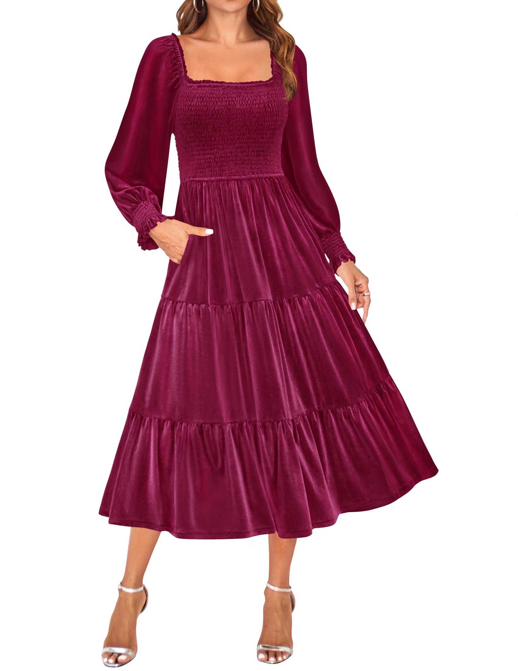 Luxuii Velvet L Neck Smocked Ruffle A Line Flowy Midi Dress