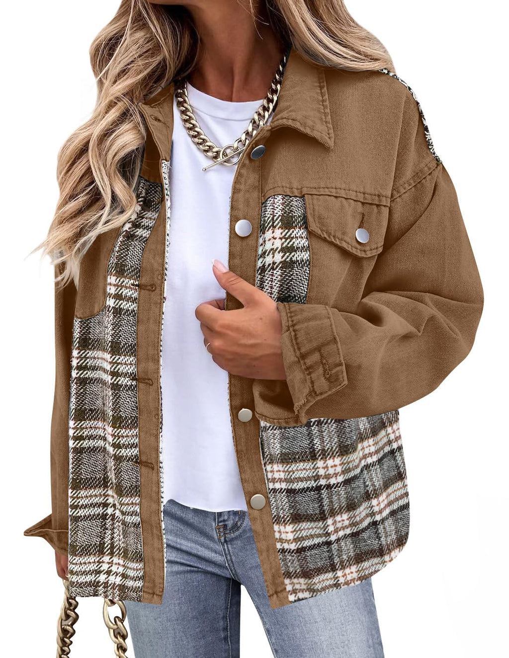 Luxuii Long Sleeve Plaid Button Down Lapel Collar Shacket with Pocket