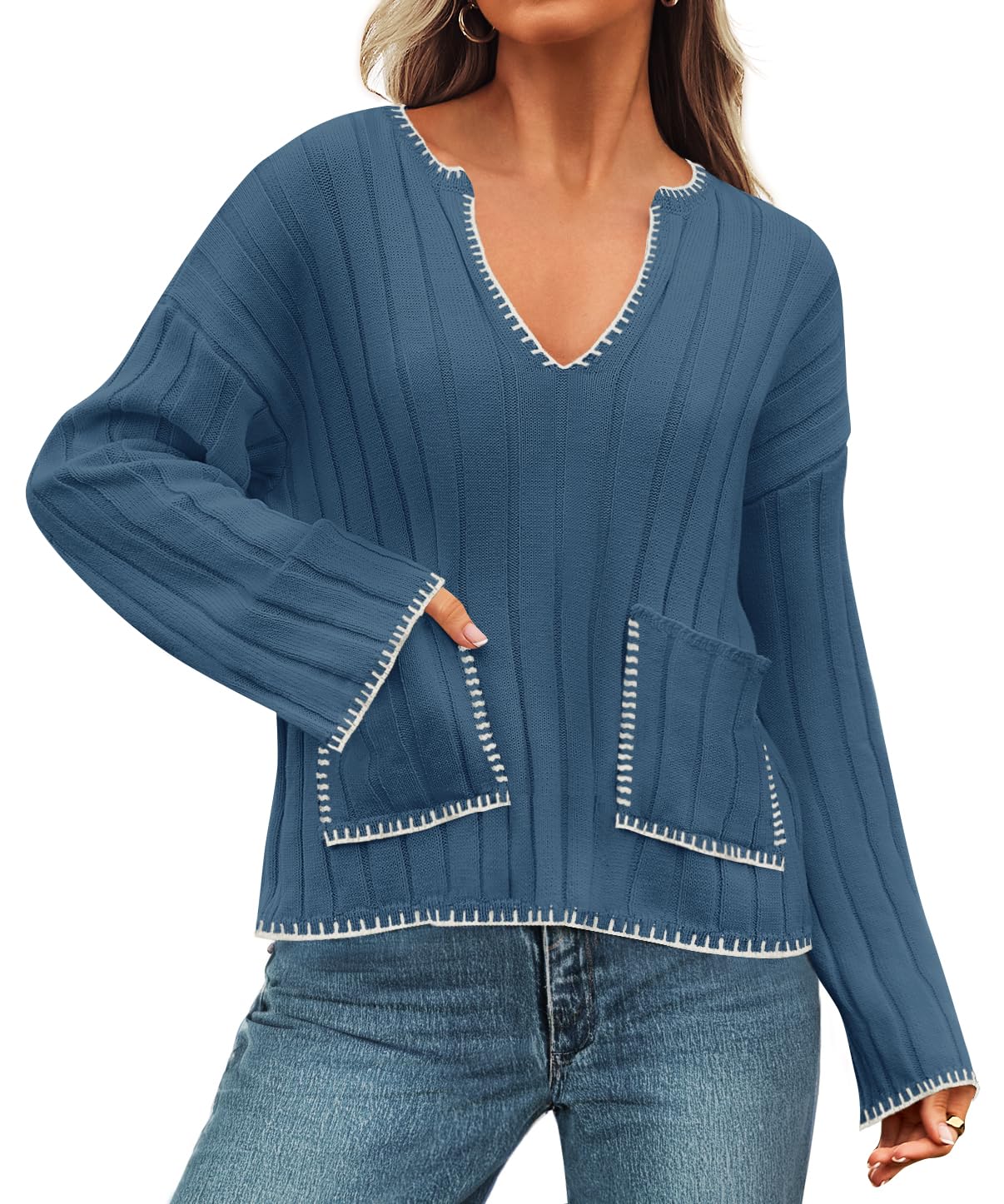 Luxuii Women's Ribbed V Neck Long Sleeve Sweaters