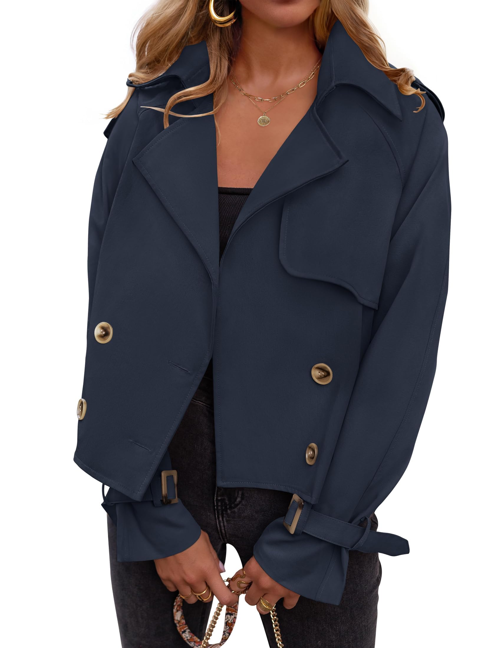 Luxuii Crop Trench Coat Lapel Double Breasted Loose Casual Jacket