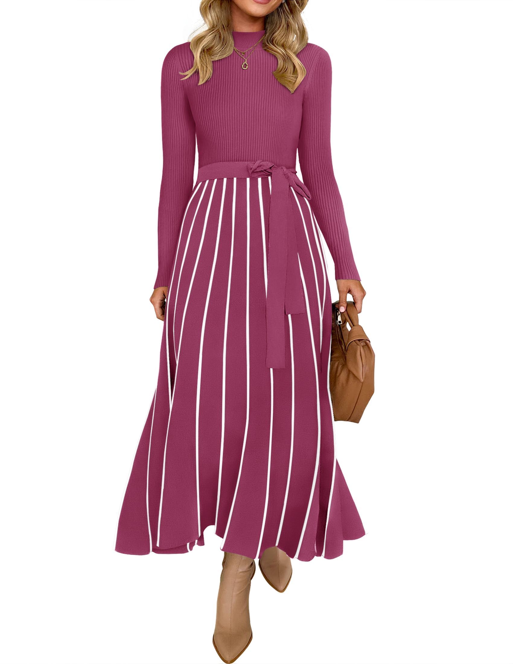 Luxuii Turtleneck Tie Waist Ribbed Knit A Line Midi Dresses