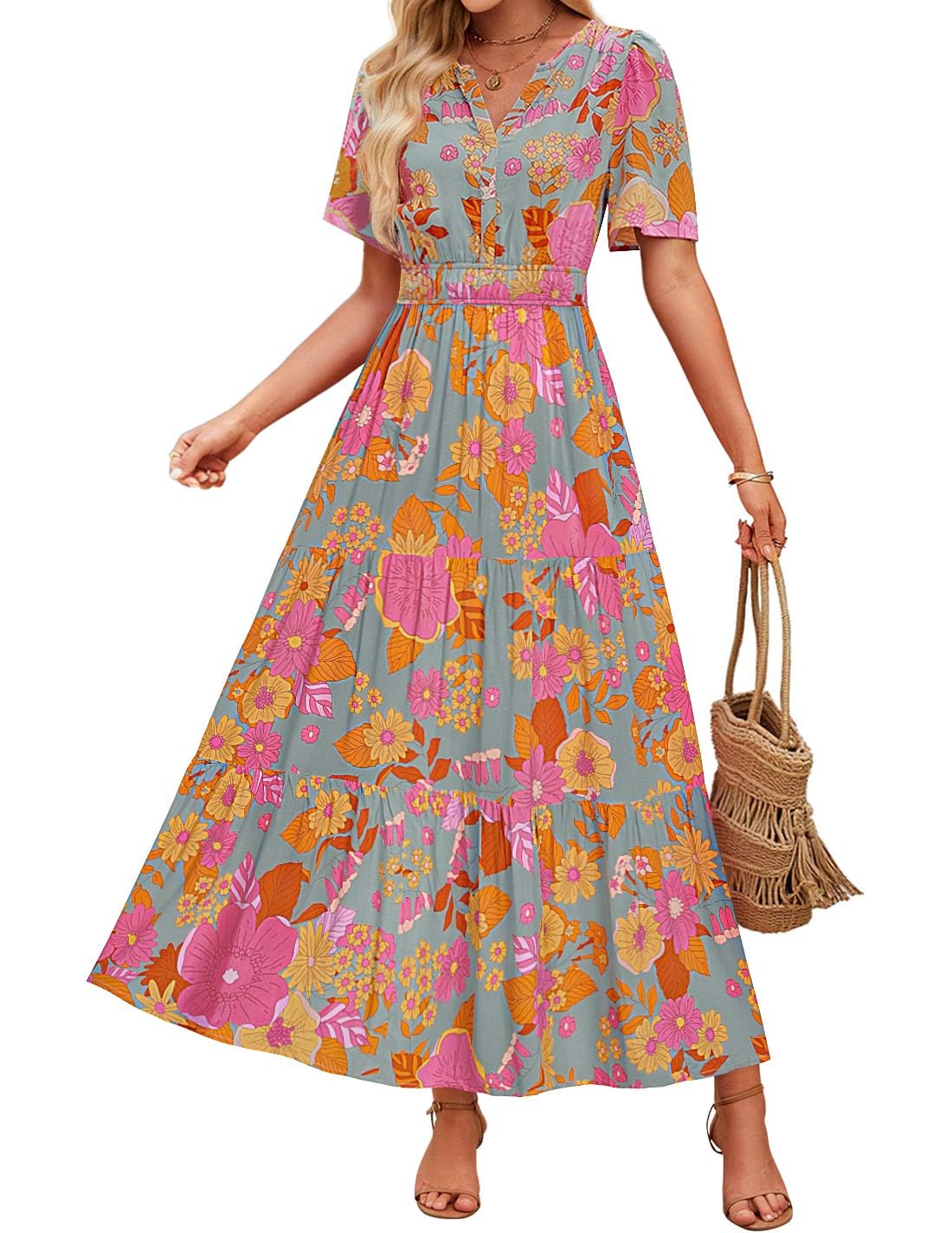 Luxuii Floral Print Short Sleeve V Neck High Waist Boho Dress