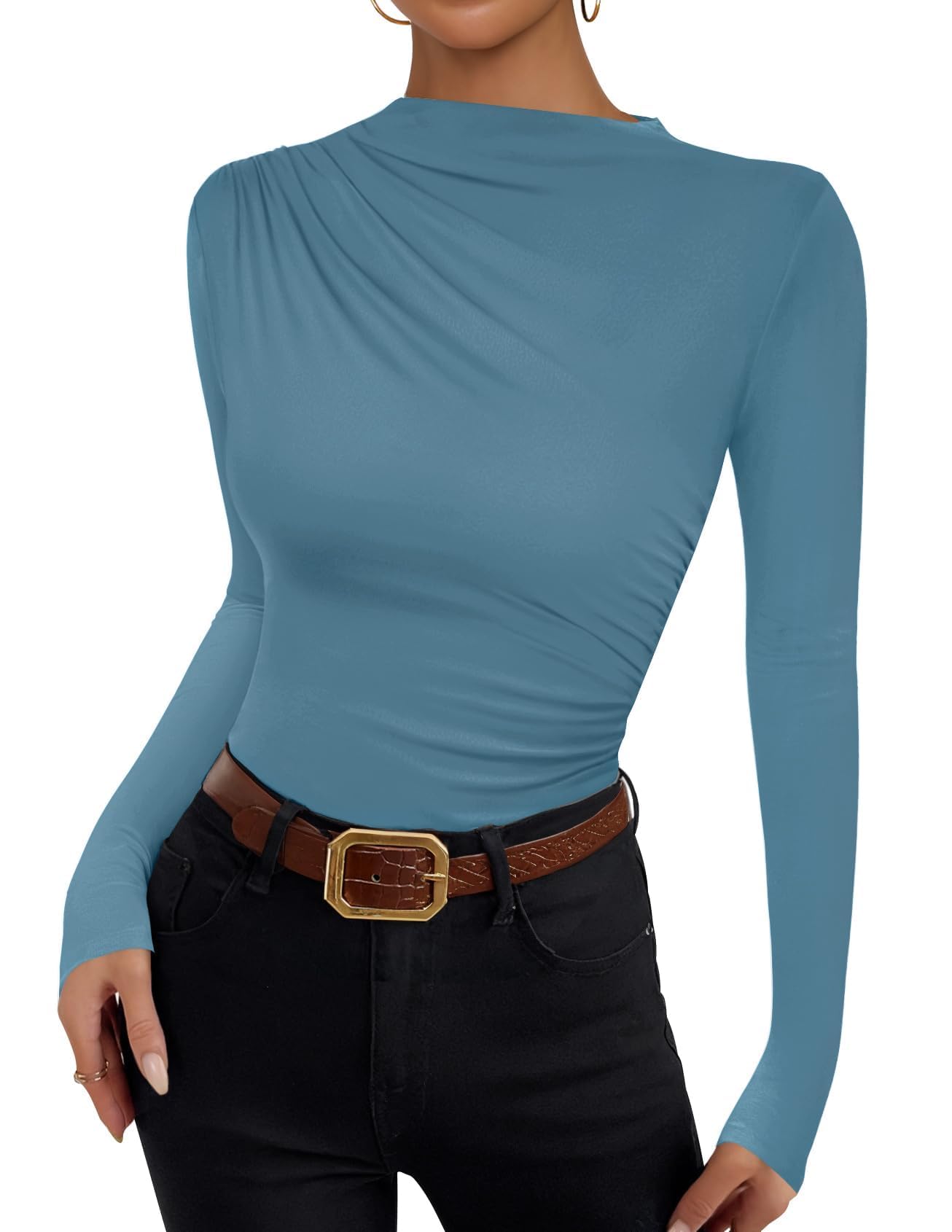 Luxuii Women's Long Sleeve Tops Mock Neck Ruched Tight Shirts