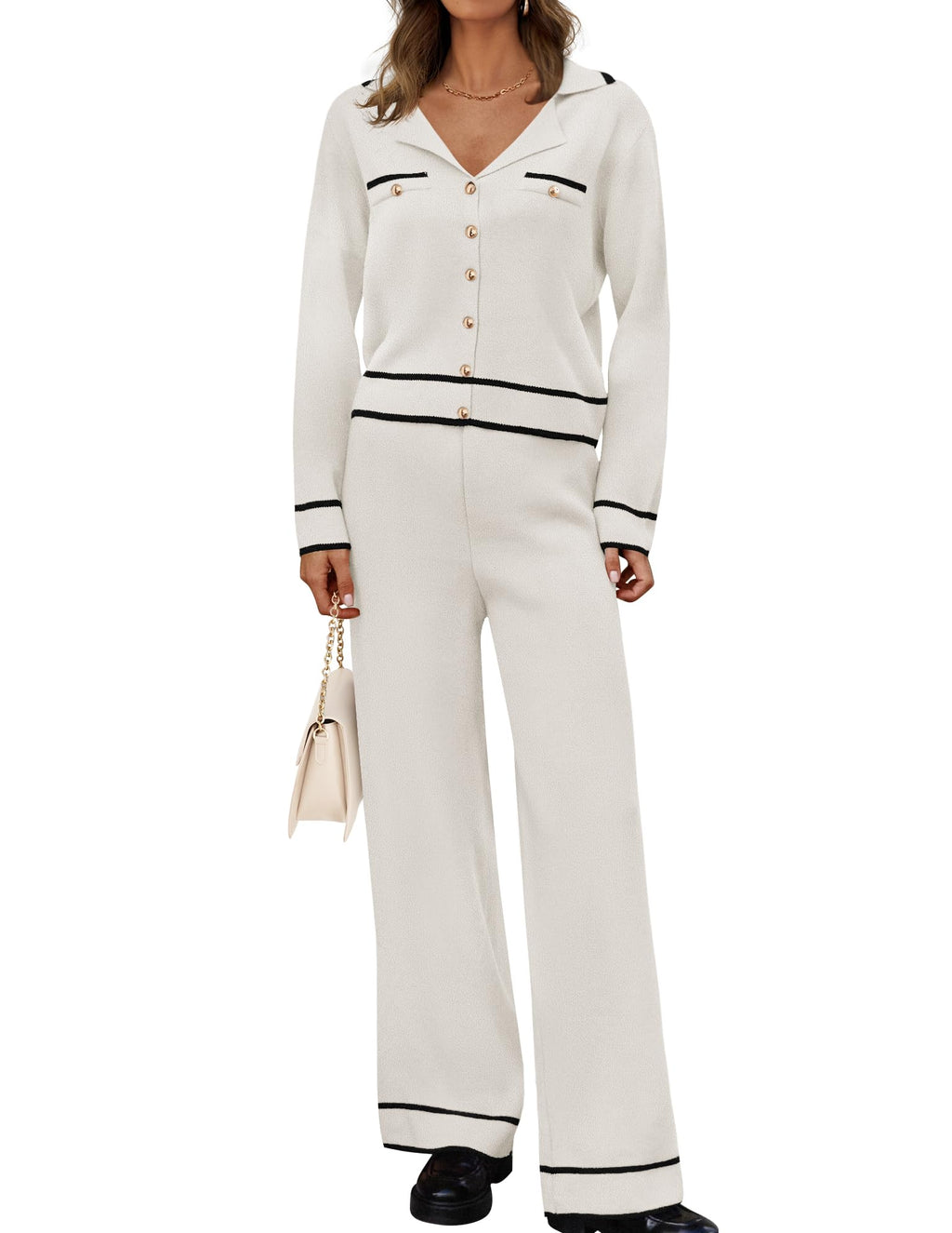 Luxuii Casual Long Sleeve V Neck Sweater Shirts Matching Lounge Sets