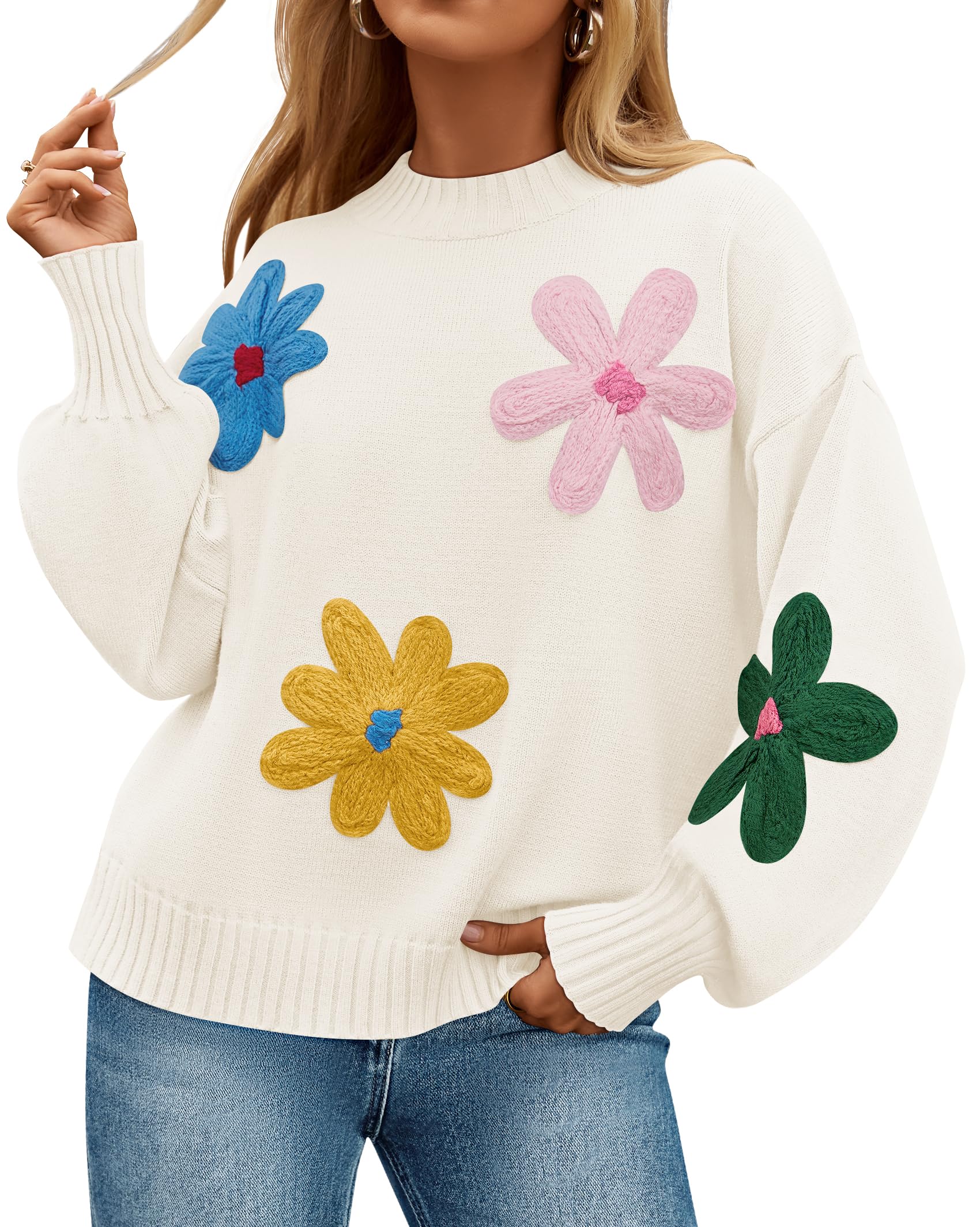 Luxuii Crewneck Ribbed Knit Flower Color Block Loose Pullover Tops