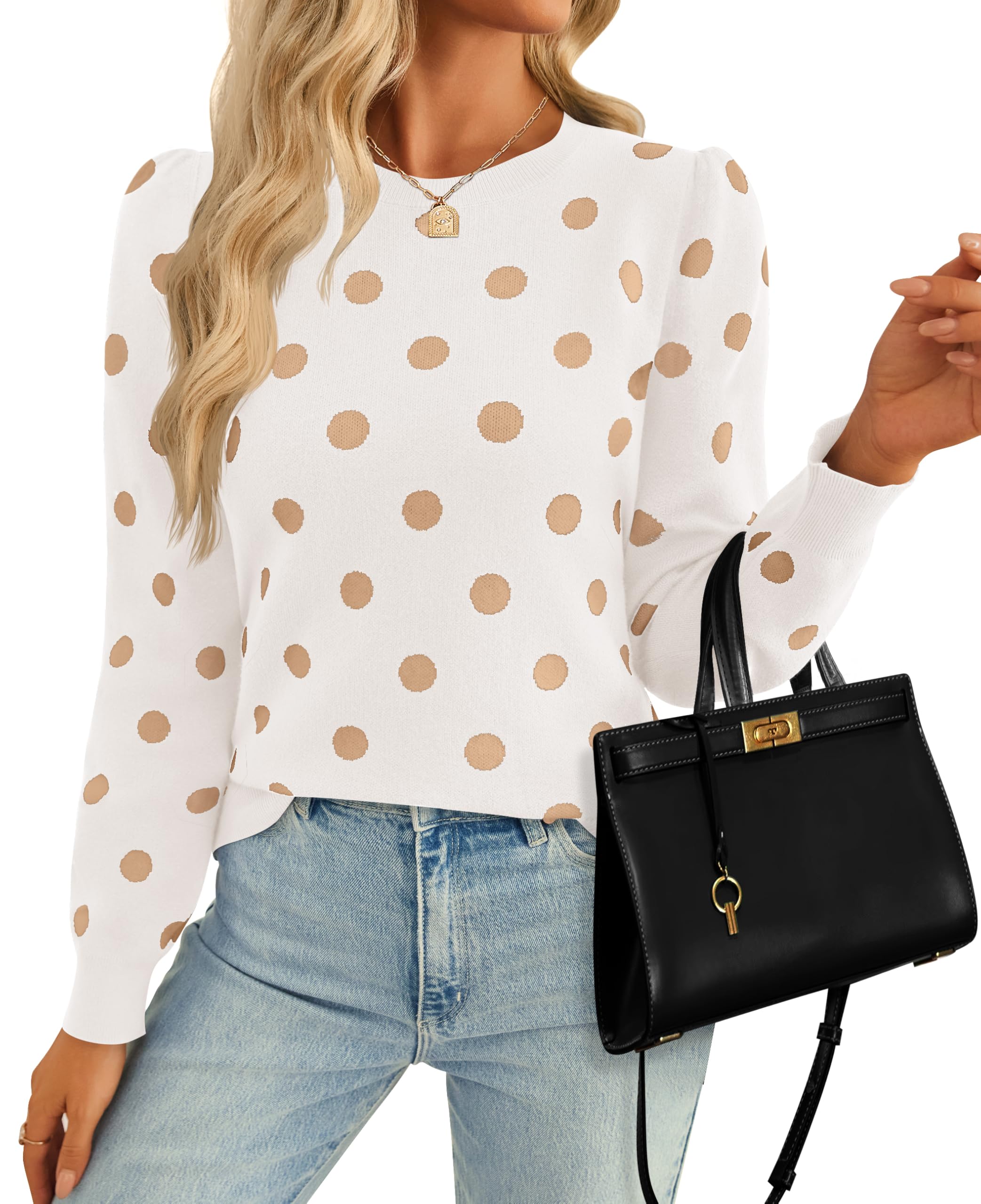 Luxuii Crewneck Polka Dots Ribbed Knit Soft Pullover Sweater