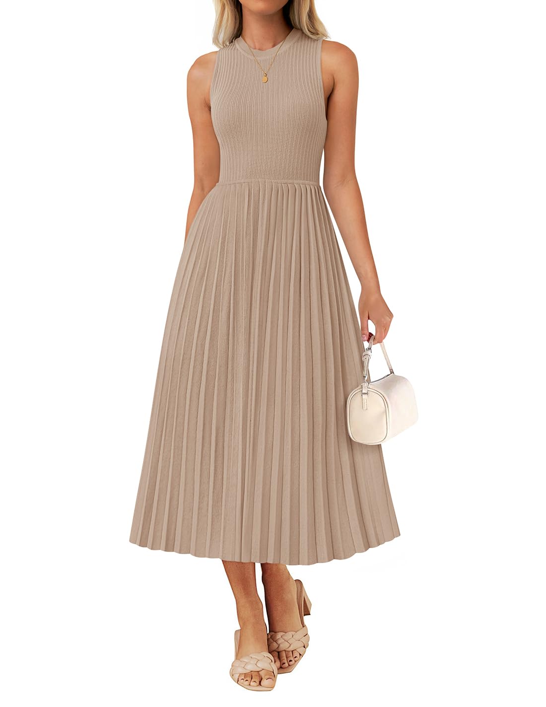 Luxuii Casual Crewneck Ribbed Knit Pleated A Line Swing Dress