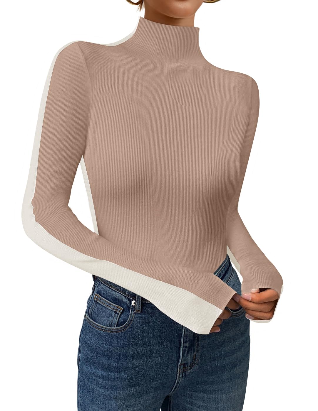 Luxuii Color Block Ribbed Knit Shirts Basic Slim Fit Pullover Tops