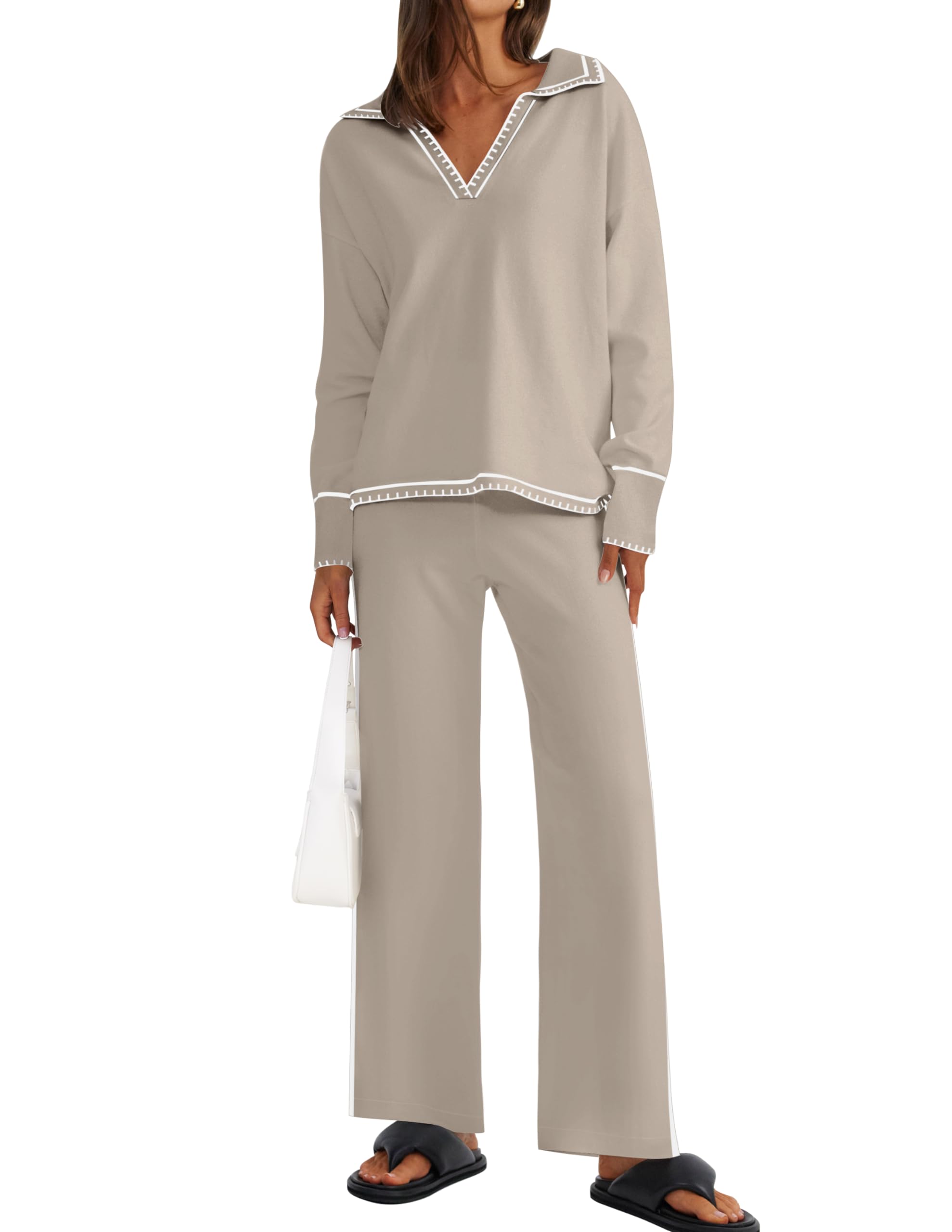 Luxuii V Neck Knit Tops Wide Leg Pants Sweatsuit Lounge Sets