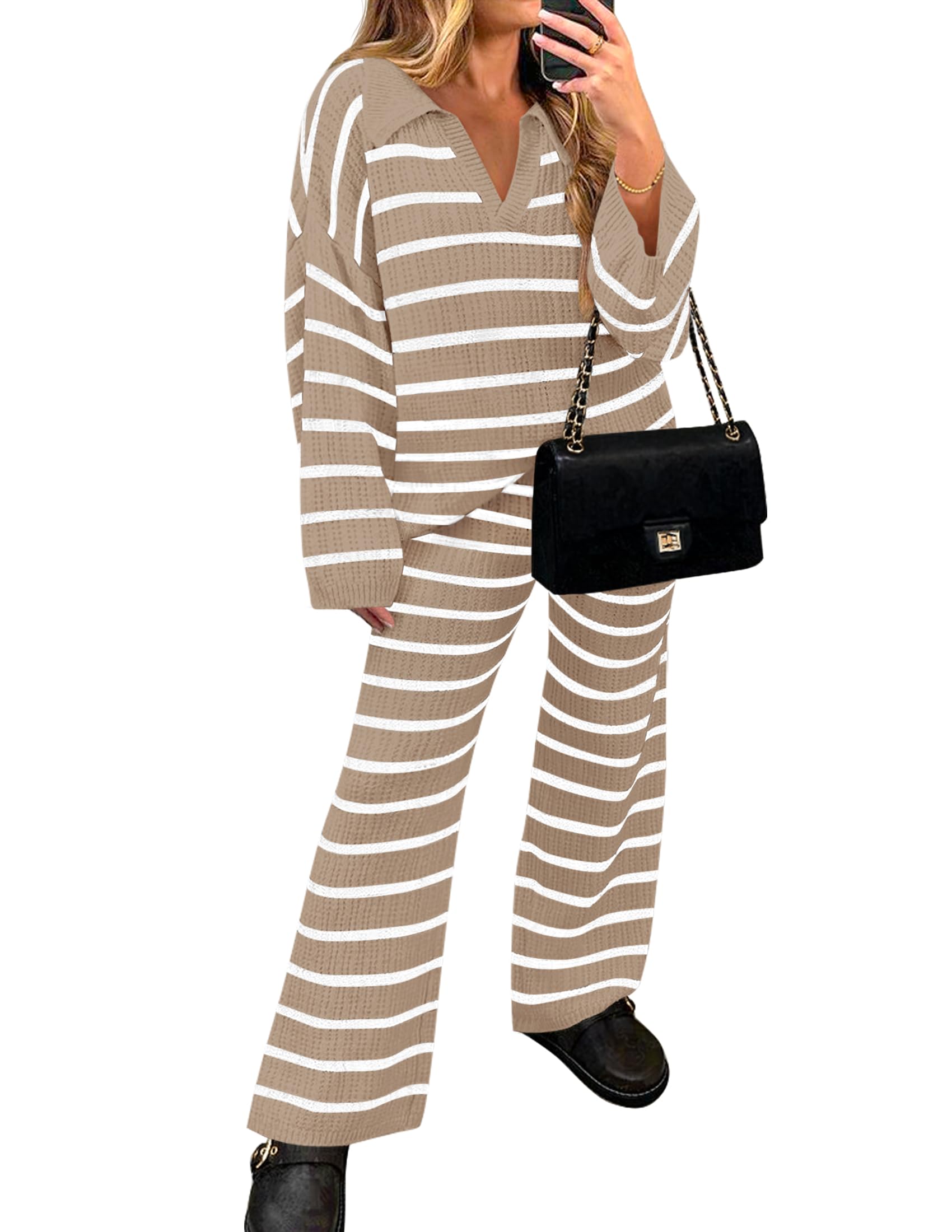 Luxuii Striped V Neck Knit Tops and Wide Leg Pants Lounge Set