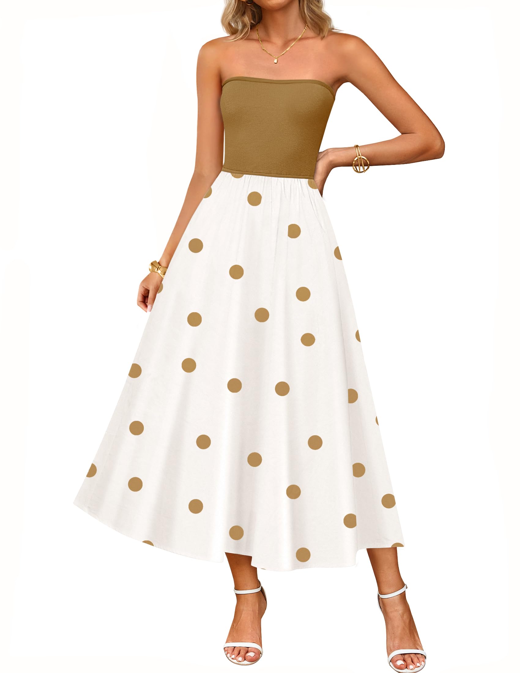 Luxuii Boho Strapless Off Shoulder Polka Dot Printed Flowy Long Dresses