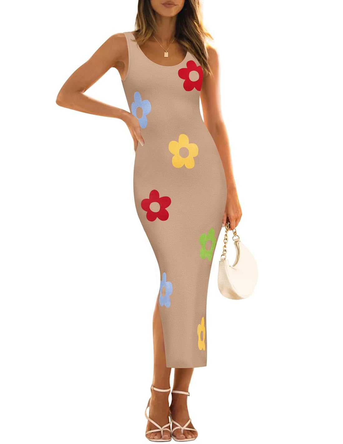 Luxuii Knit Bodycon Sleeveless Floral Crewneck Color Block Dresses