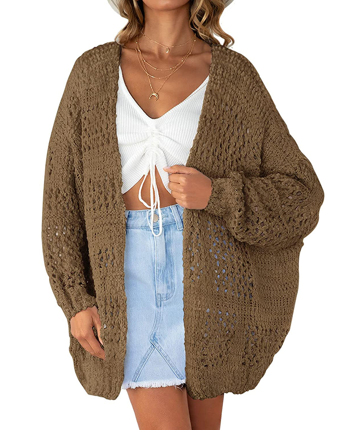 Luxuii Batwing Sleeve Crochet Hollow Cardigan