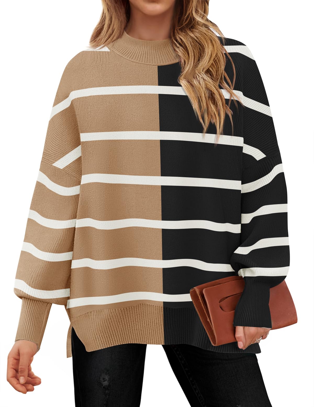 Luxuii  Striped Sweaters Mock Neck Comfy Knit Pullover Tops
