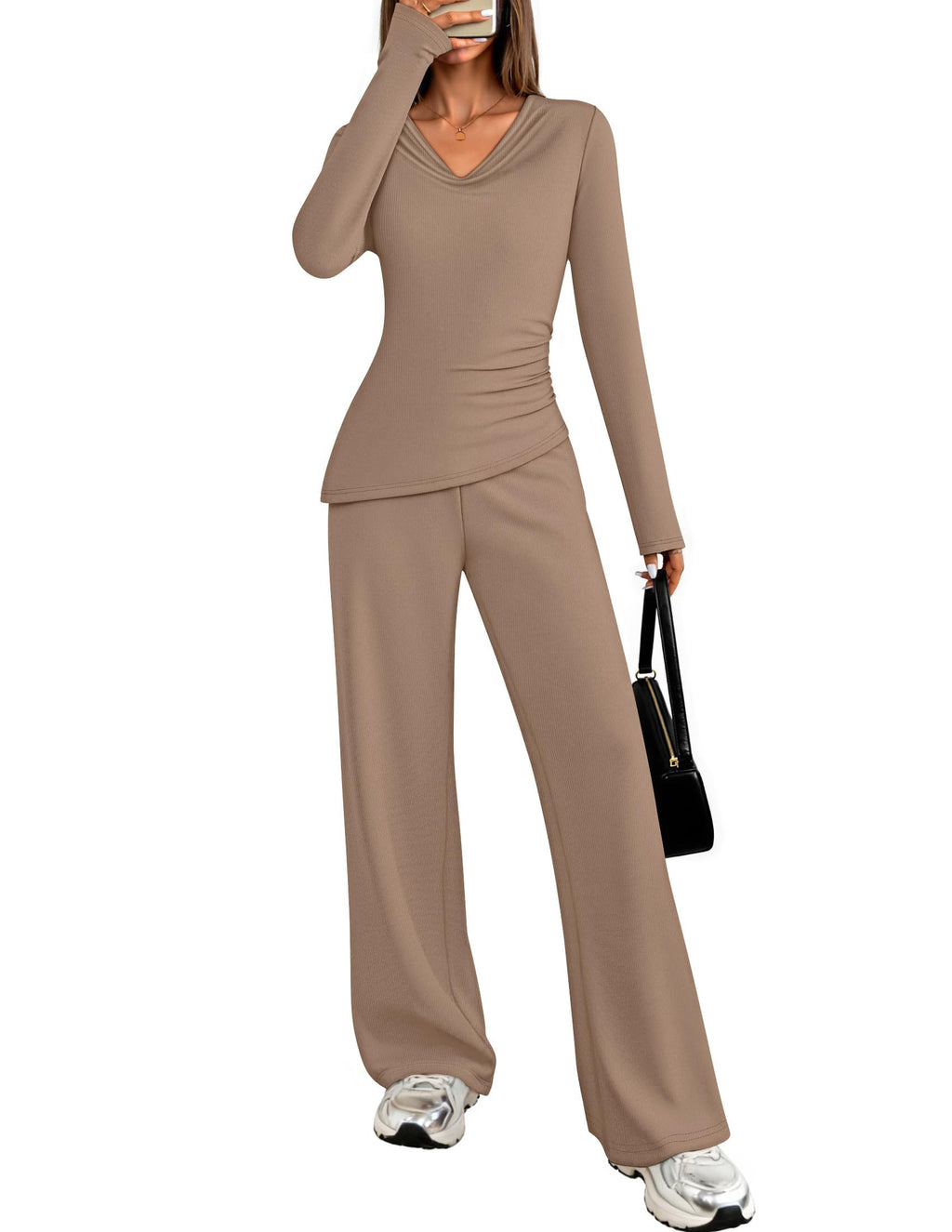 Luxuii Long Sleeve Cowl Neck Asymmetrical Top Wide Leg Pants Matching Set