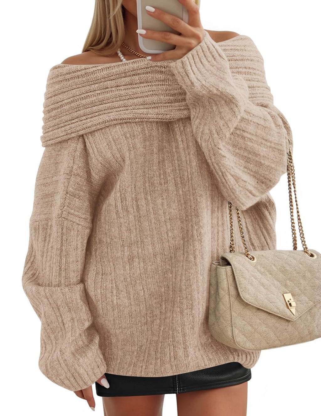 Luxuii Off The Shoulder Sweater Oversized Winter Ribbed Knit Tops
