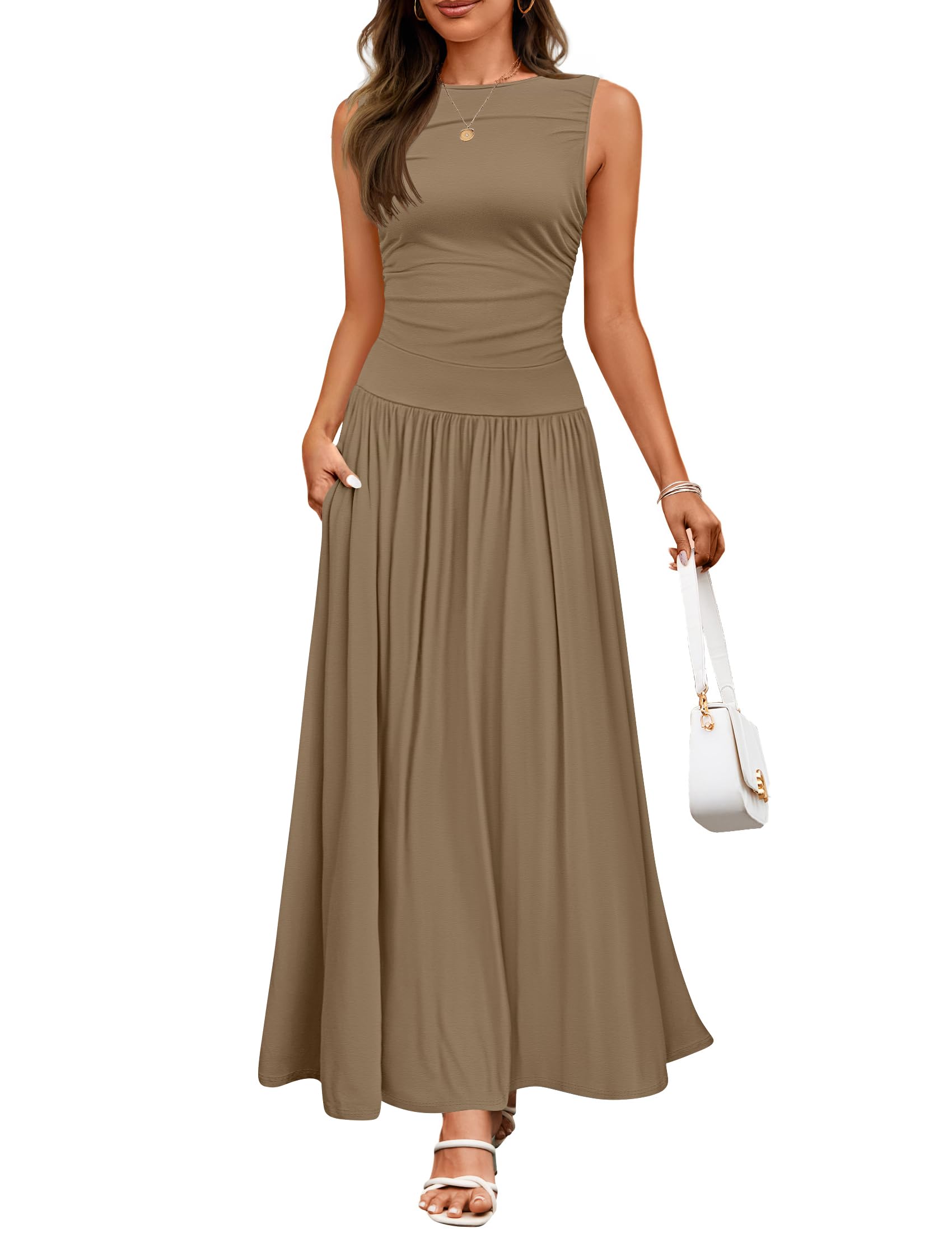 Luxuii Casual Crewneck Pleated Flowy Long Dress with Pockets