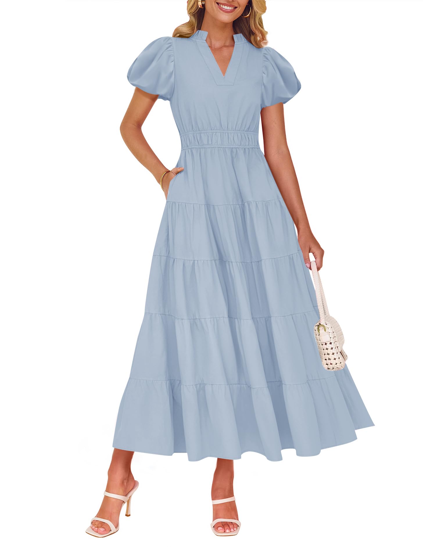 Luxuii Puff Short Sleeve V Neck Ruffle Tiered Flowy Boho Dresses