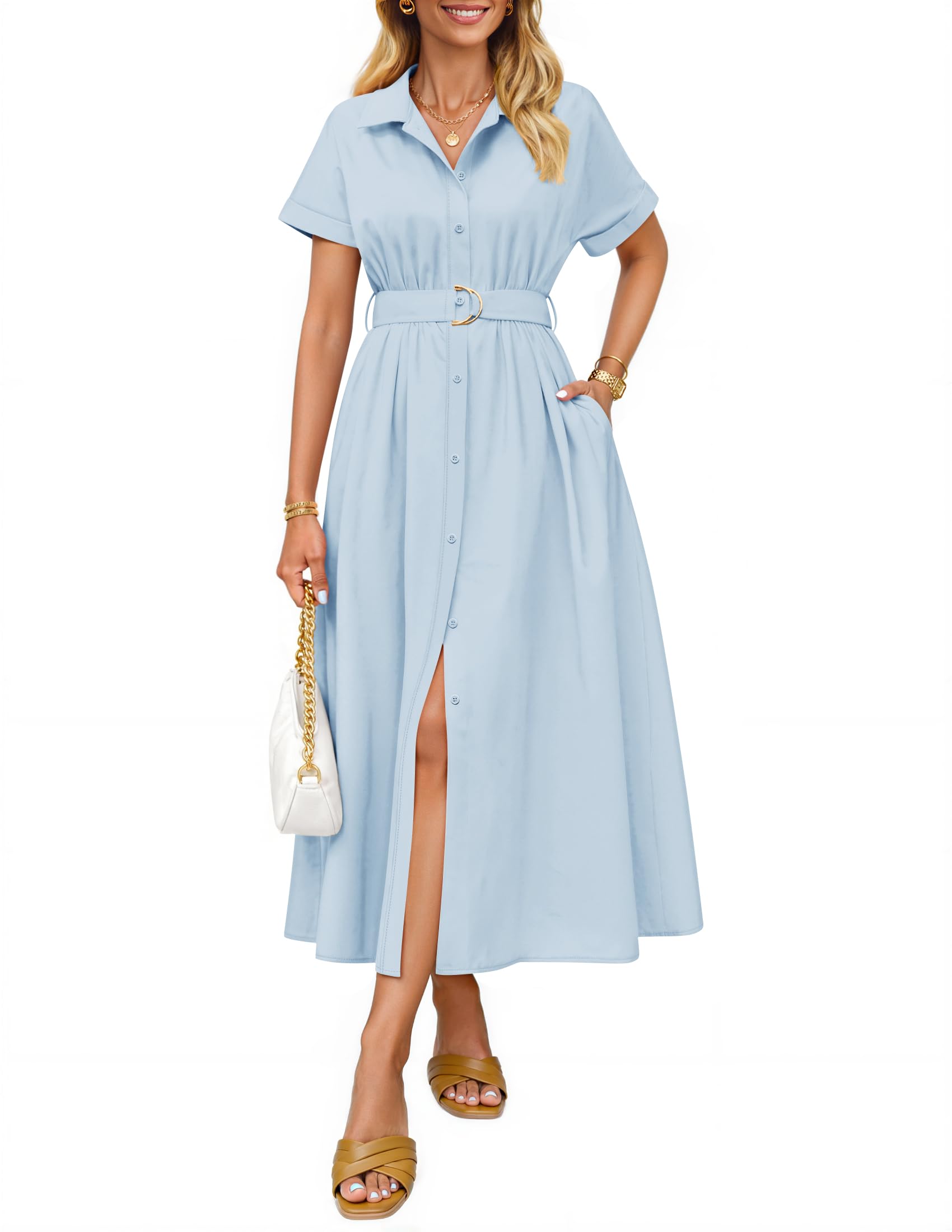 Luxuii Button Down A Line Belt Buiness Casual Shirt Dresses