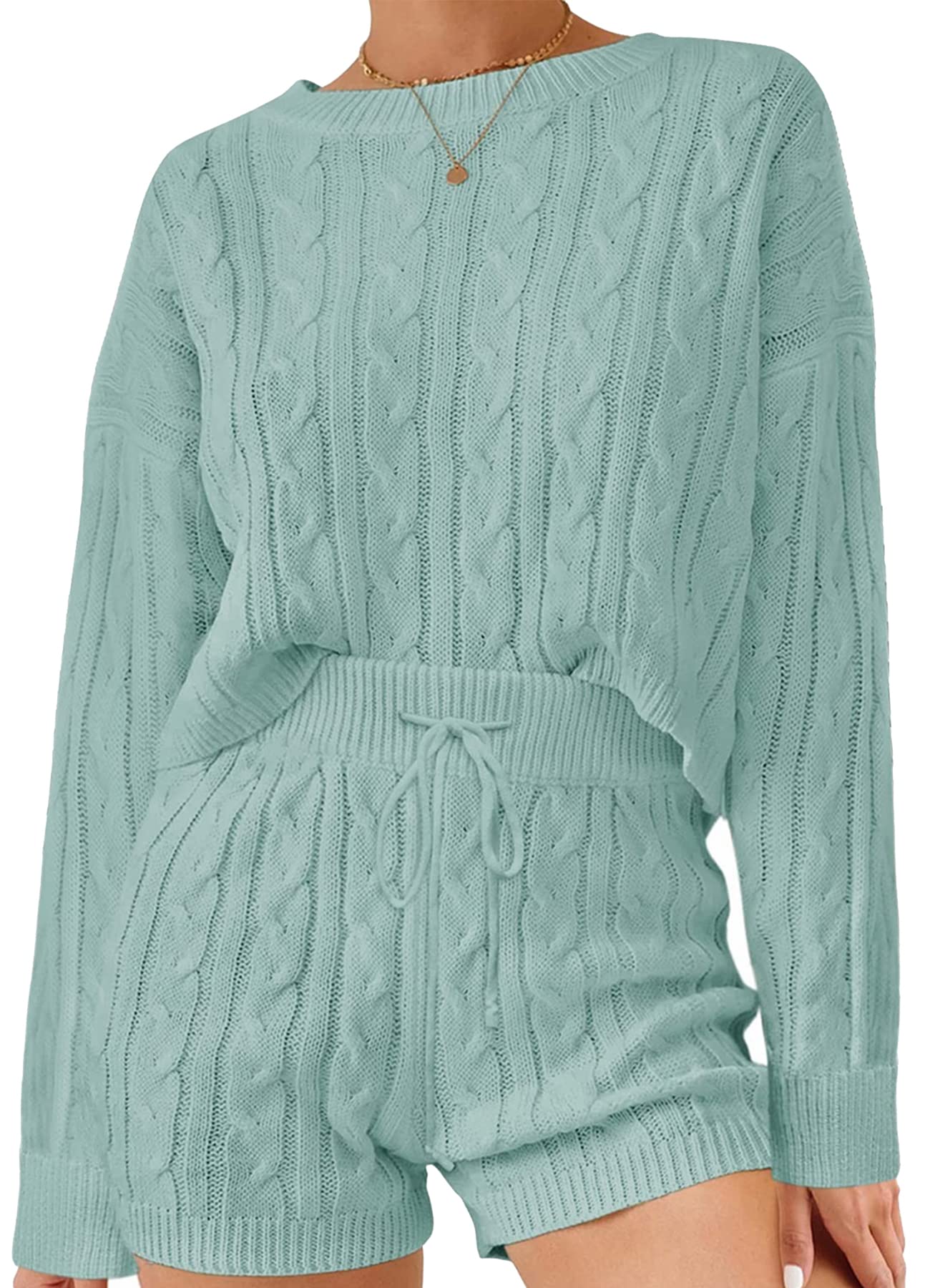 Luxuii Cable Knit Pullover Tops and Drawstring Shorts Lounge Set