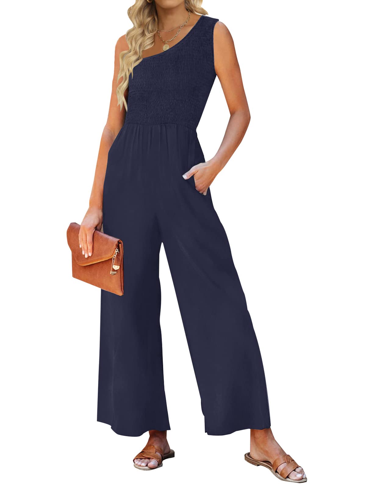 Luxuii One Shoulder Sleeveless Smocked Jumpsuit