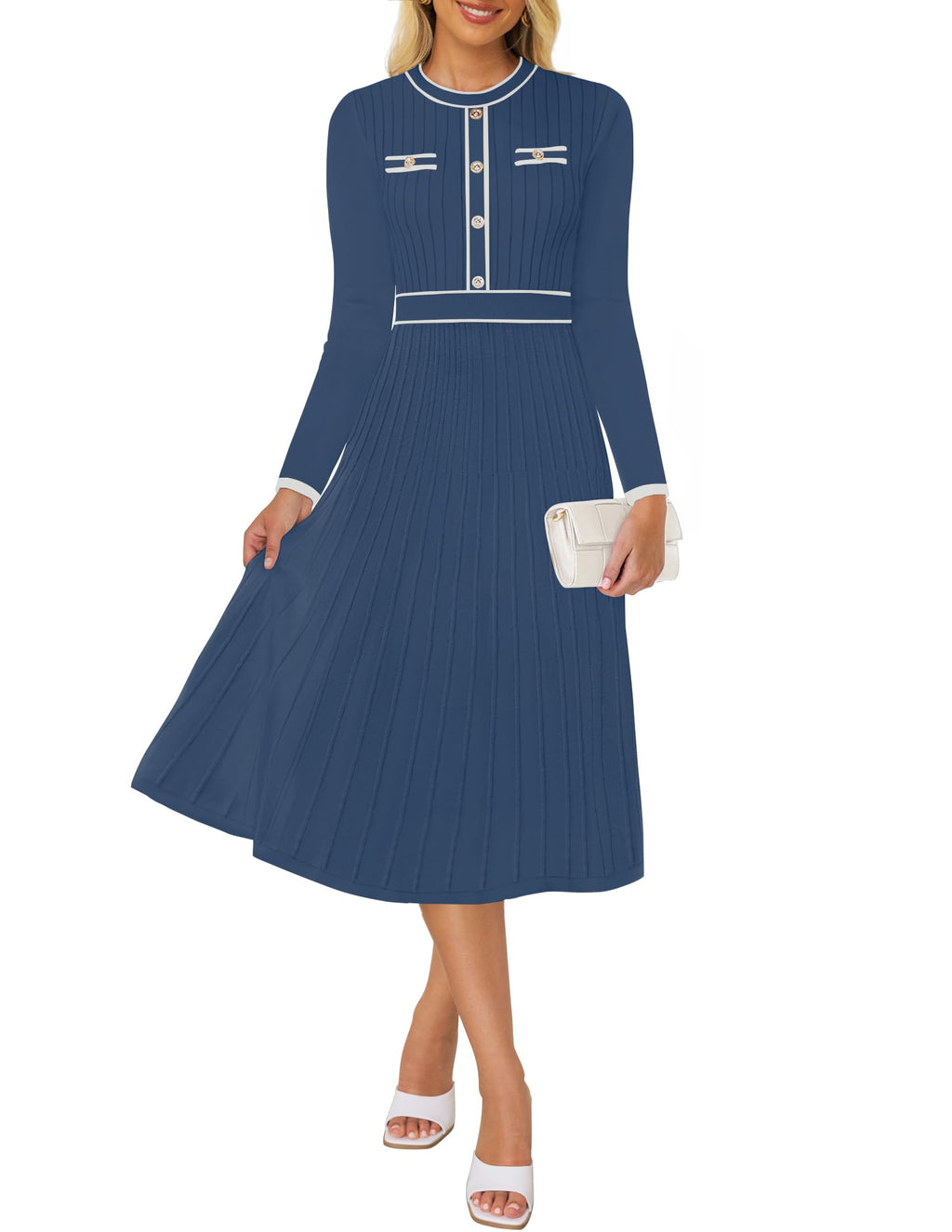 Luxuii Pleated Sweater Crewneck Ribbed Knitted Midi Dresses