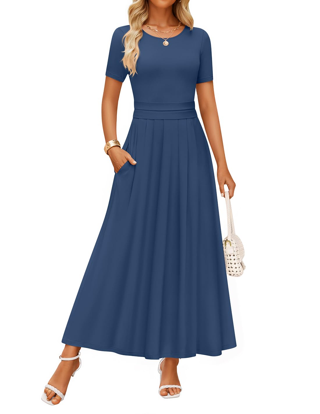 Luxuii Short Sleeve Crewneck Pleated A Line Flowy Long Dresses