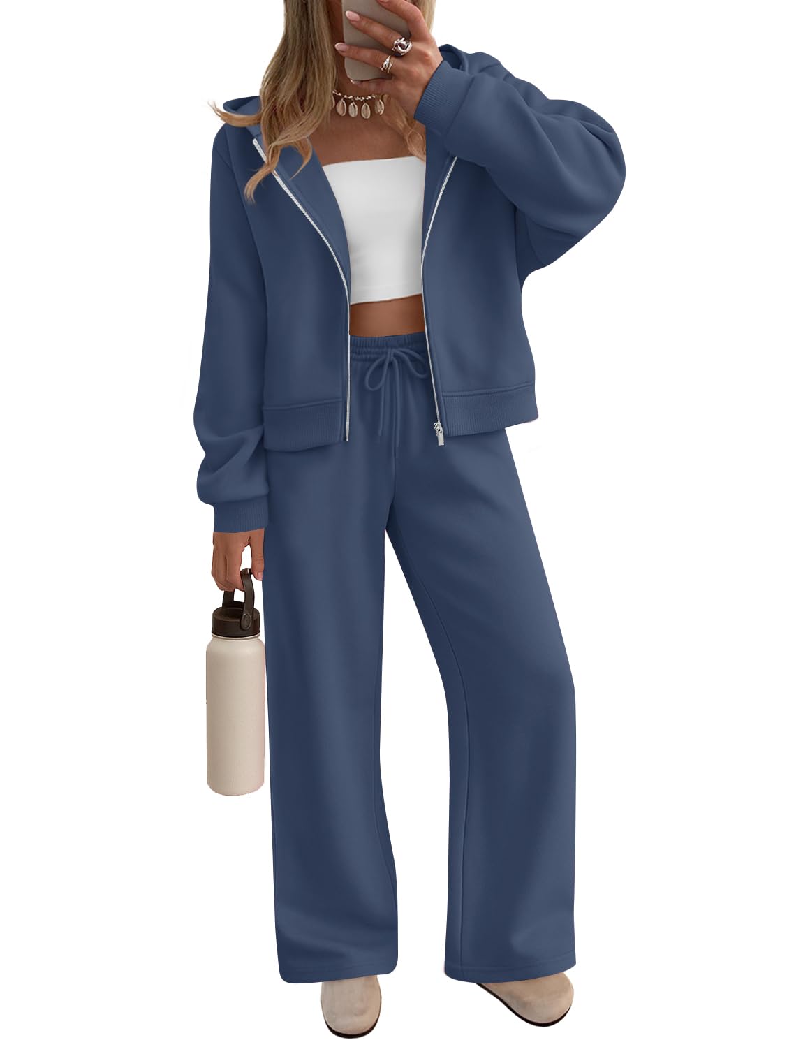 Luxuii Fleece Hoodie Zip Up Sweatshirt Long Sweatpant Matching Set