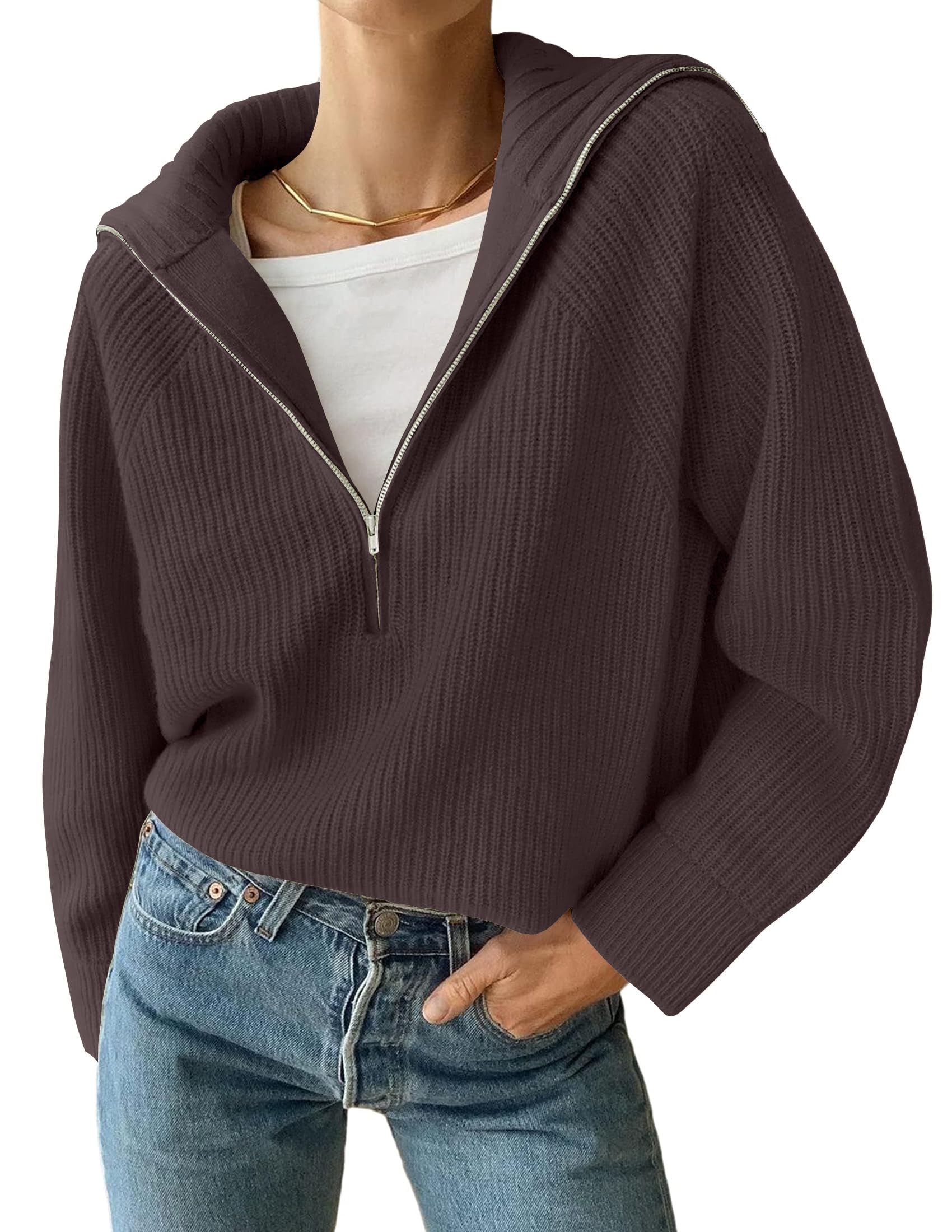 Luxuii Women's V Neck Sweaters Fall Long Sleeve Half Zipper Casual Oversized Tops