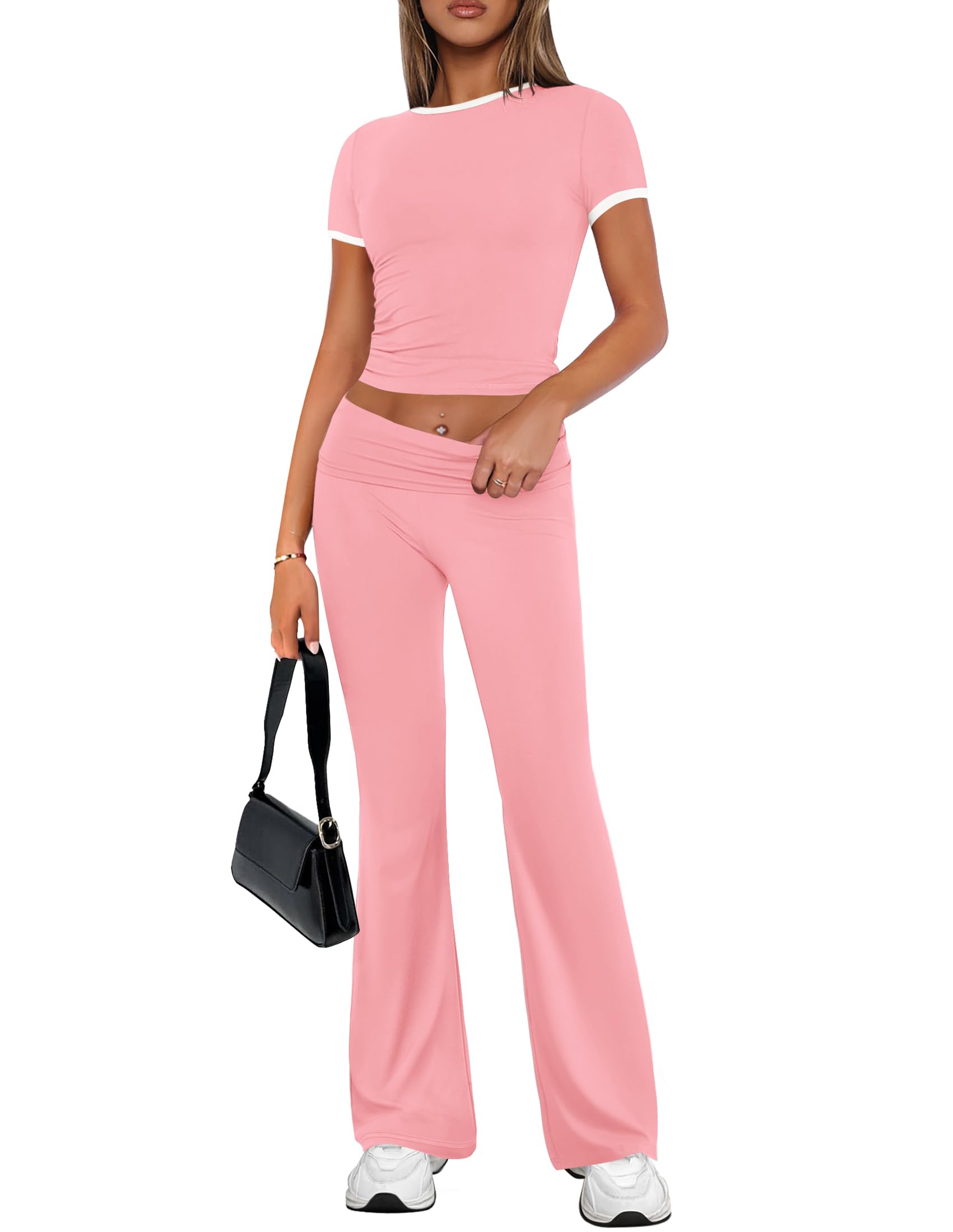 Luxuii Short Sleeve Knit Crop Top High Waist Flare Pants Tracksuits
