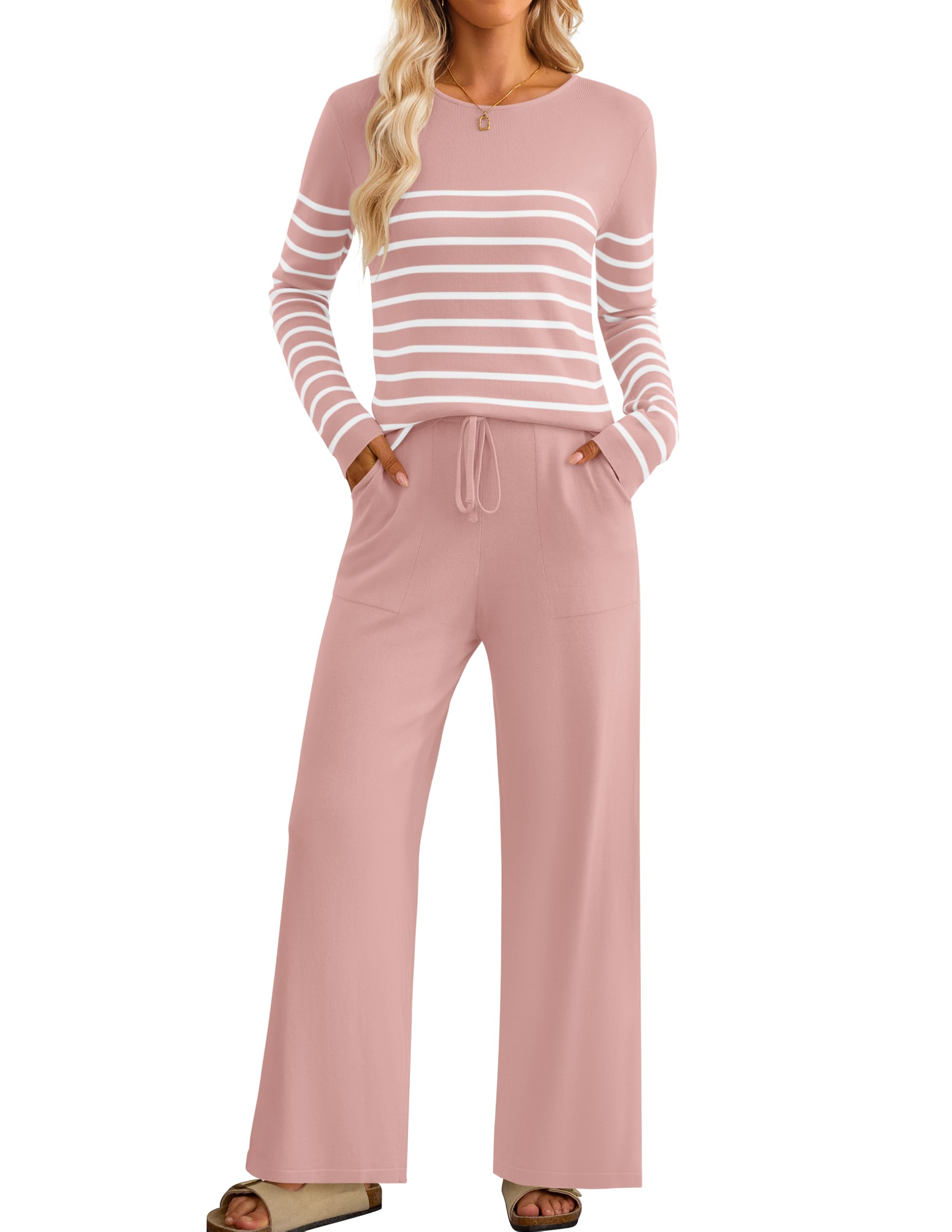 Luxuii Striped Knit Fitted Tops Wide Leg Pants Pajama Sets