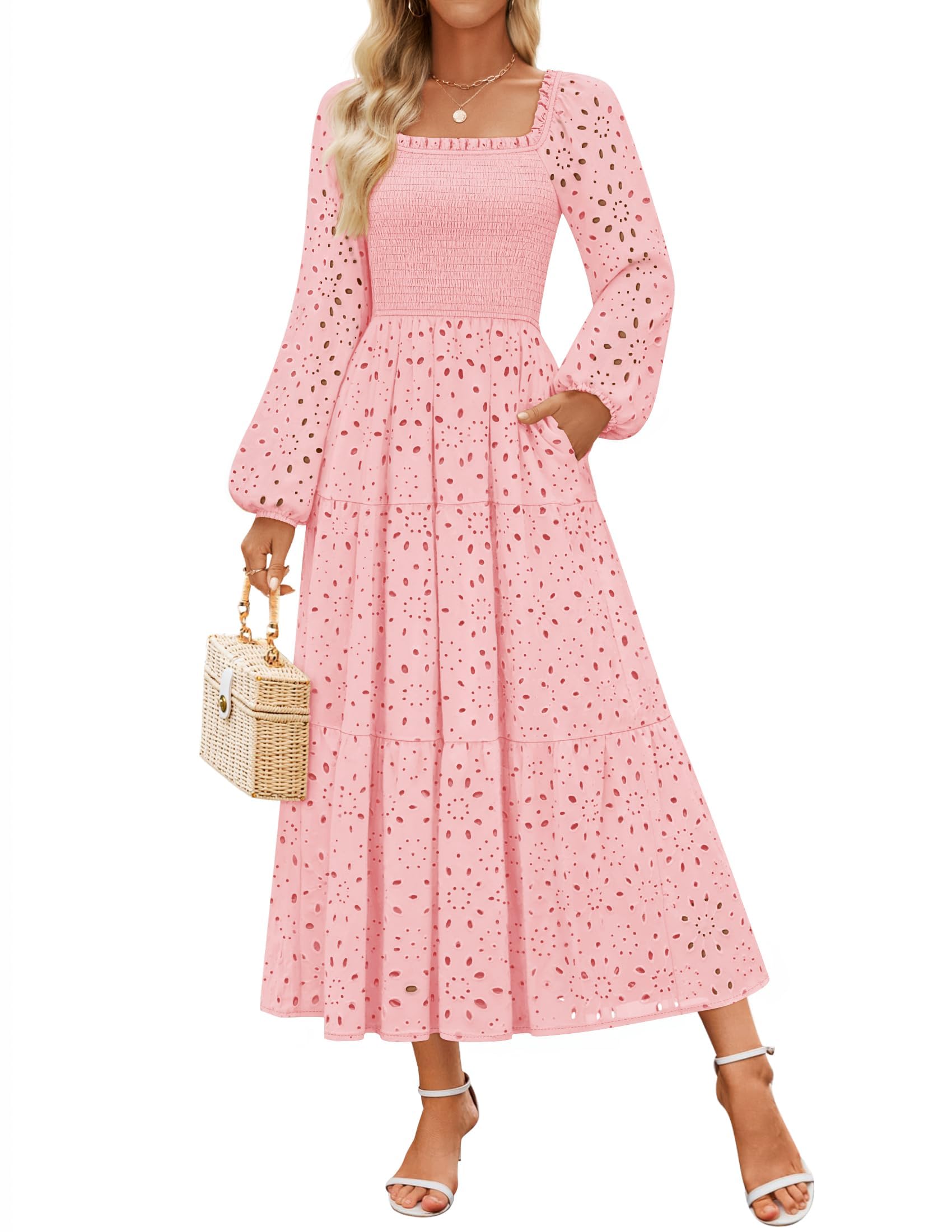 Luxuii Square Neck Hollow Out Eyelet Smocked A Line Boho Dress