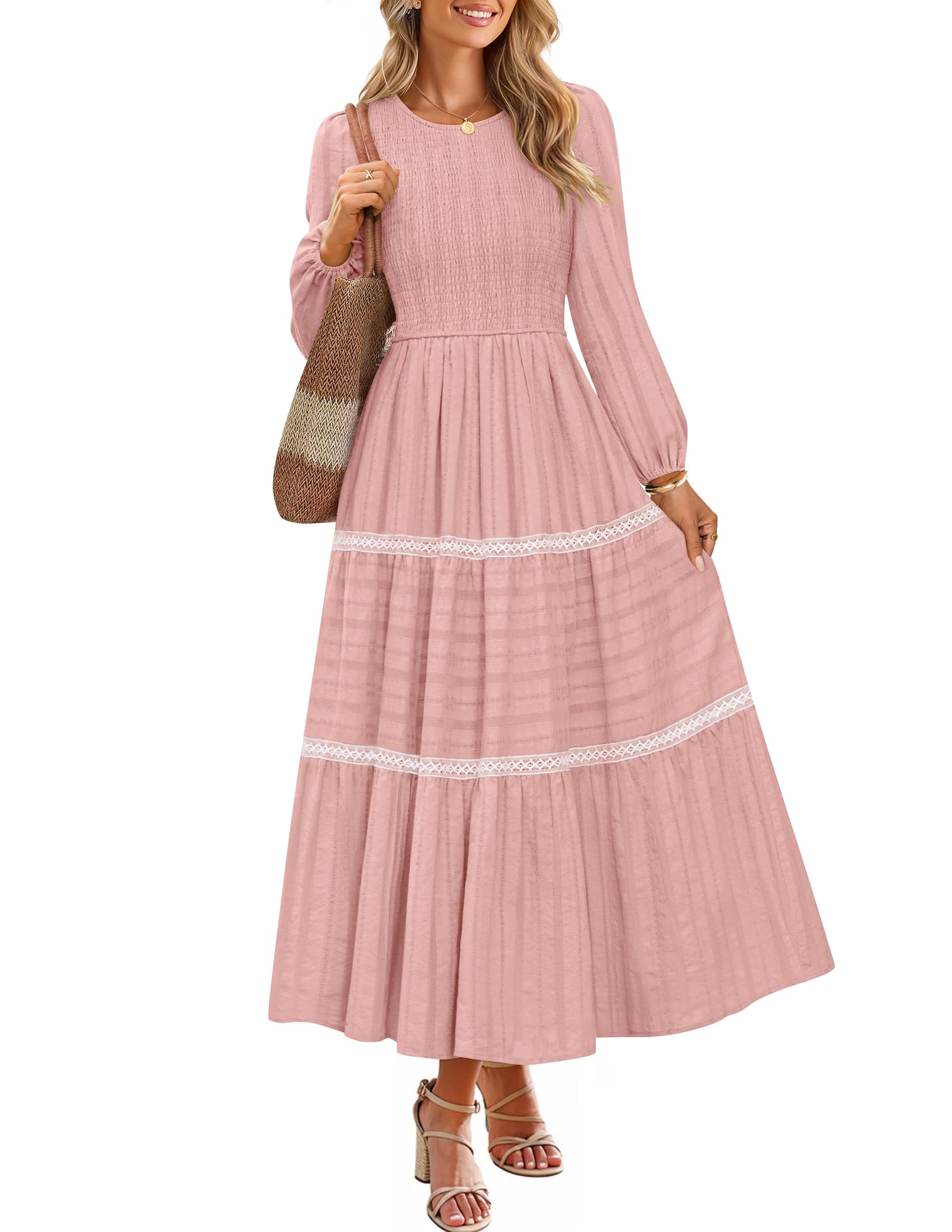 Luxuii Crewneck Smocked A Line Tiered Flowy Wedding Long Dress