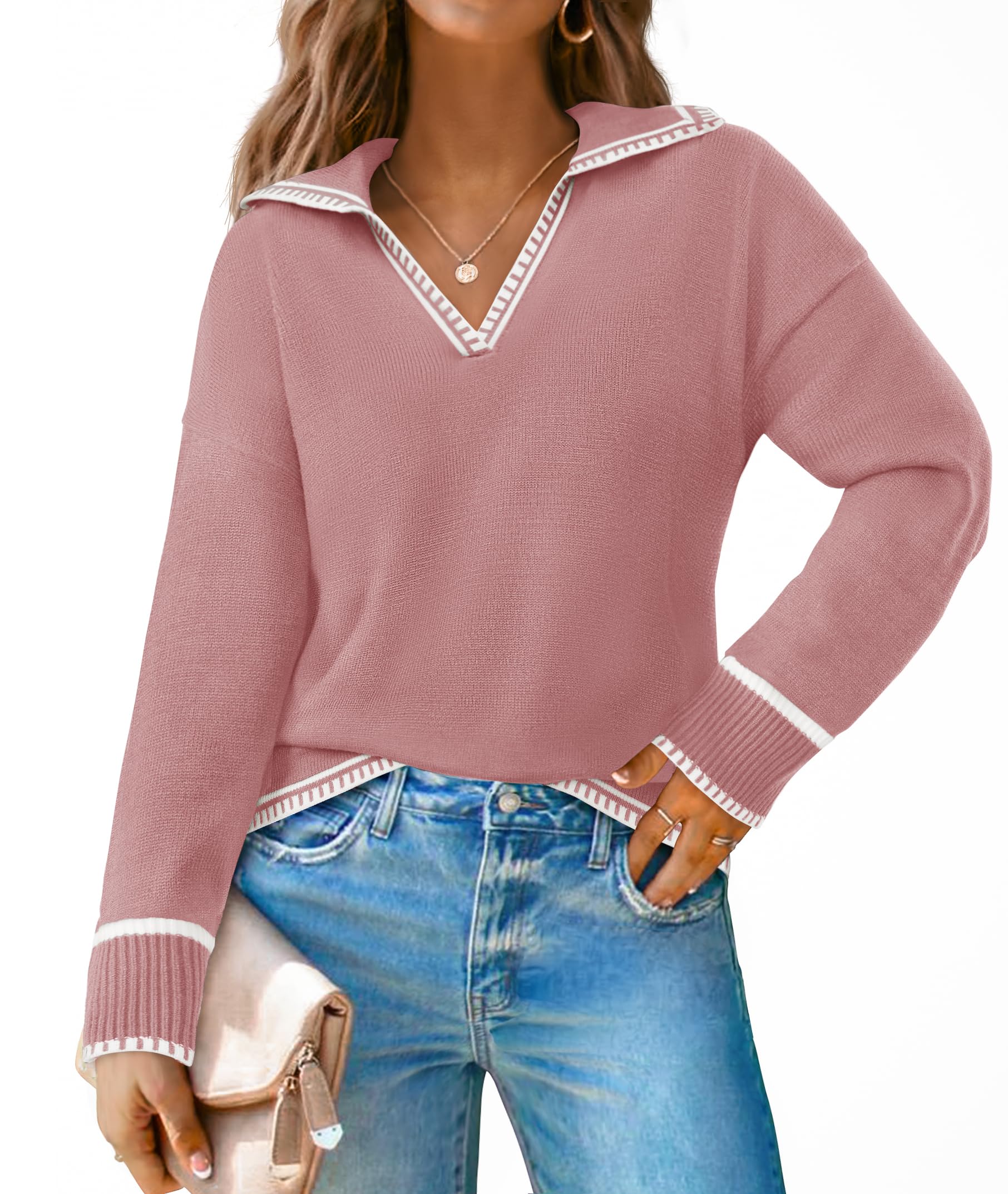 Luxuii V Neck Sweaters Collar Knit Pullover Jumper Tops