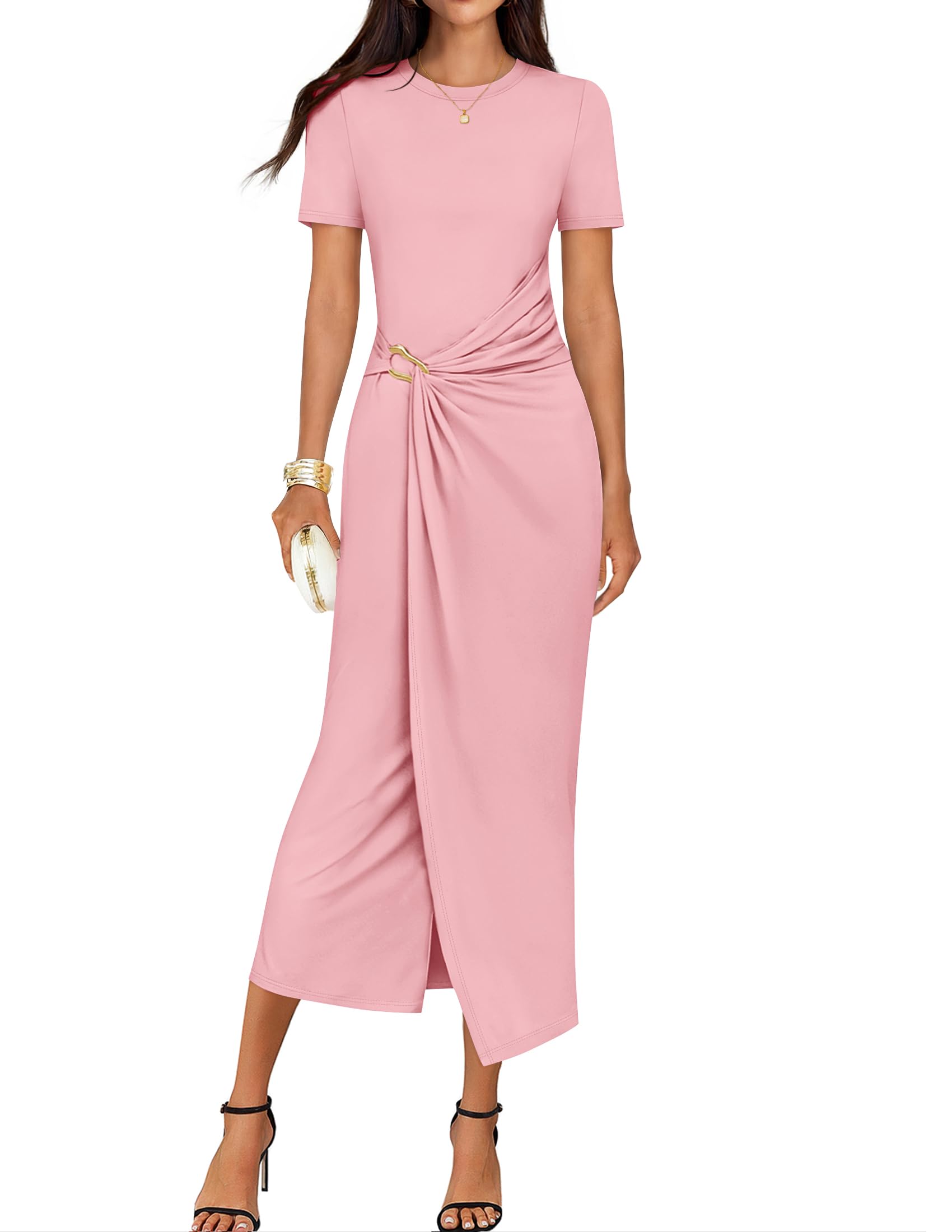 Luxuii Bodycon Crewneck Ruched Wedding Guest Cocktail Party Long Dresses