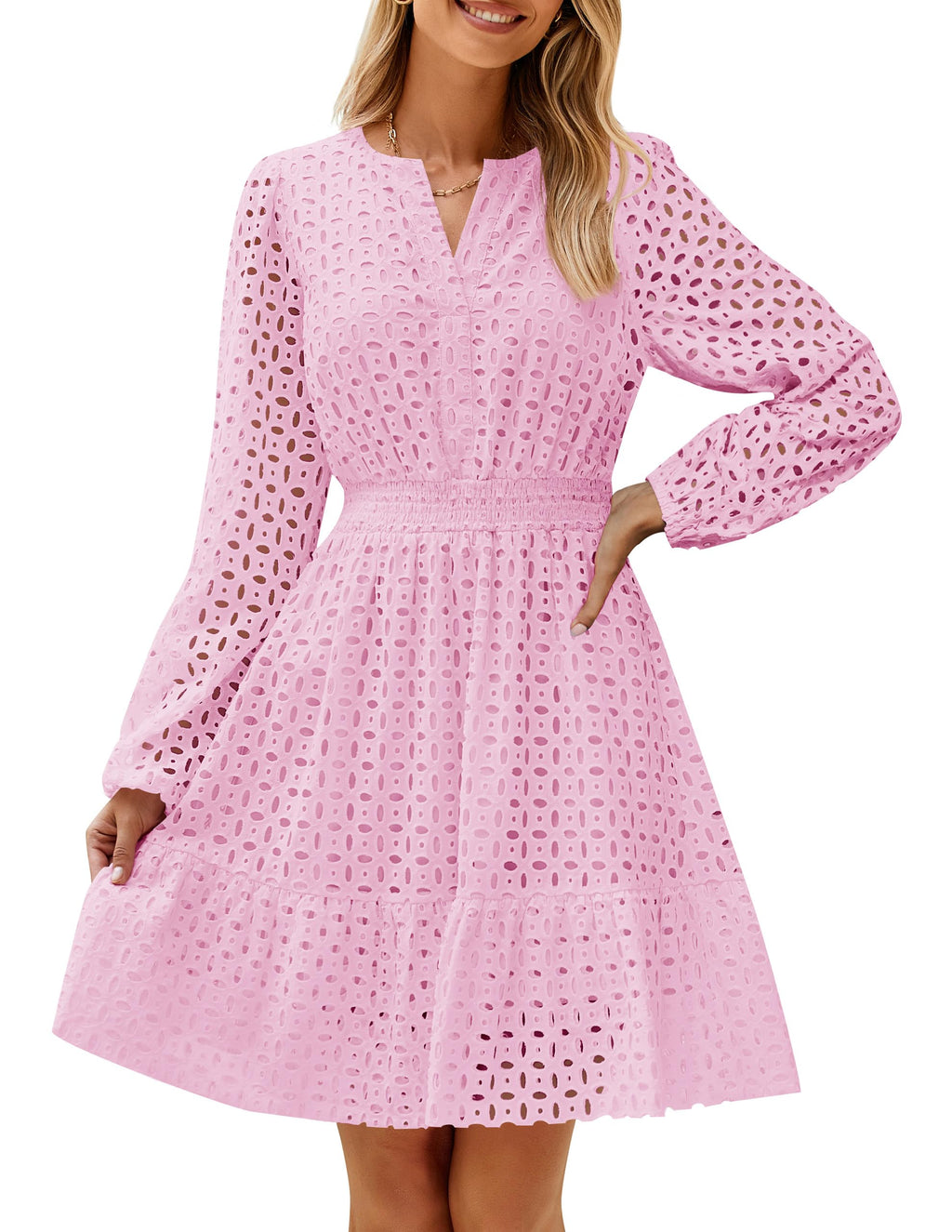 Luxuii V Neck Hollow Out Eyelet Embroidery Ruffle Short Dresses