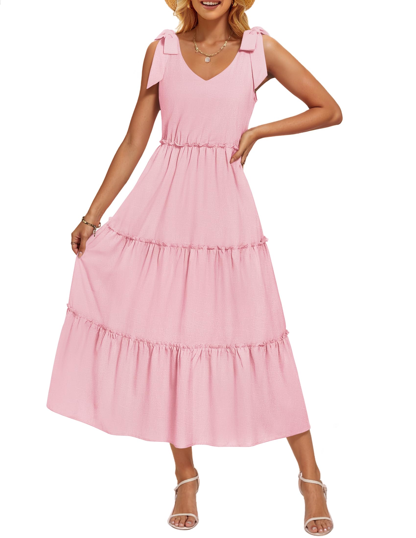 Luxuii Tie Shoulder Flowy Tiered A Line Beach Long Sundress
