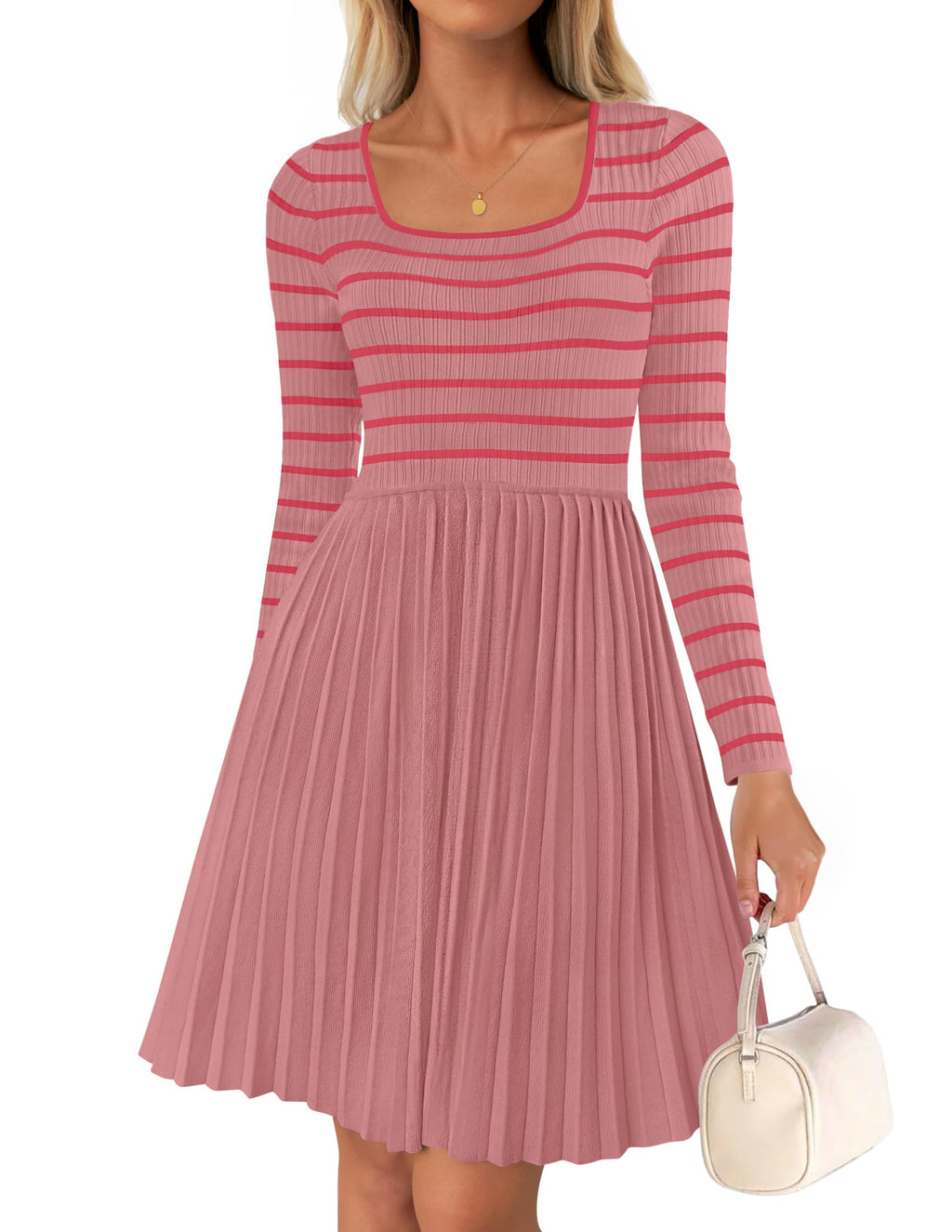 Luxuii Striped Square Neck Pleated Ribbed Knit Mini Dress
