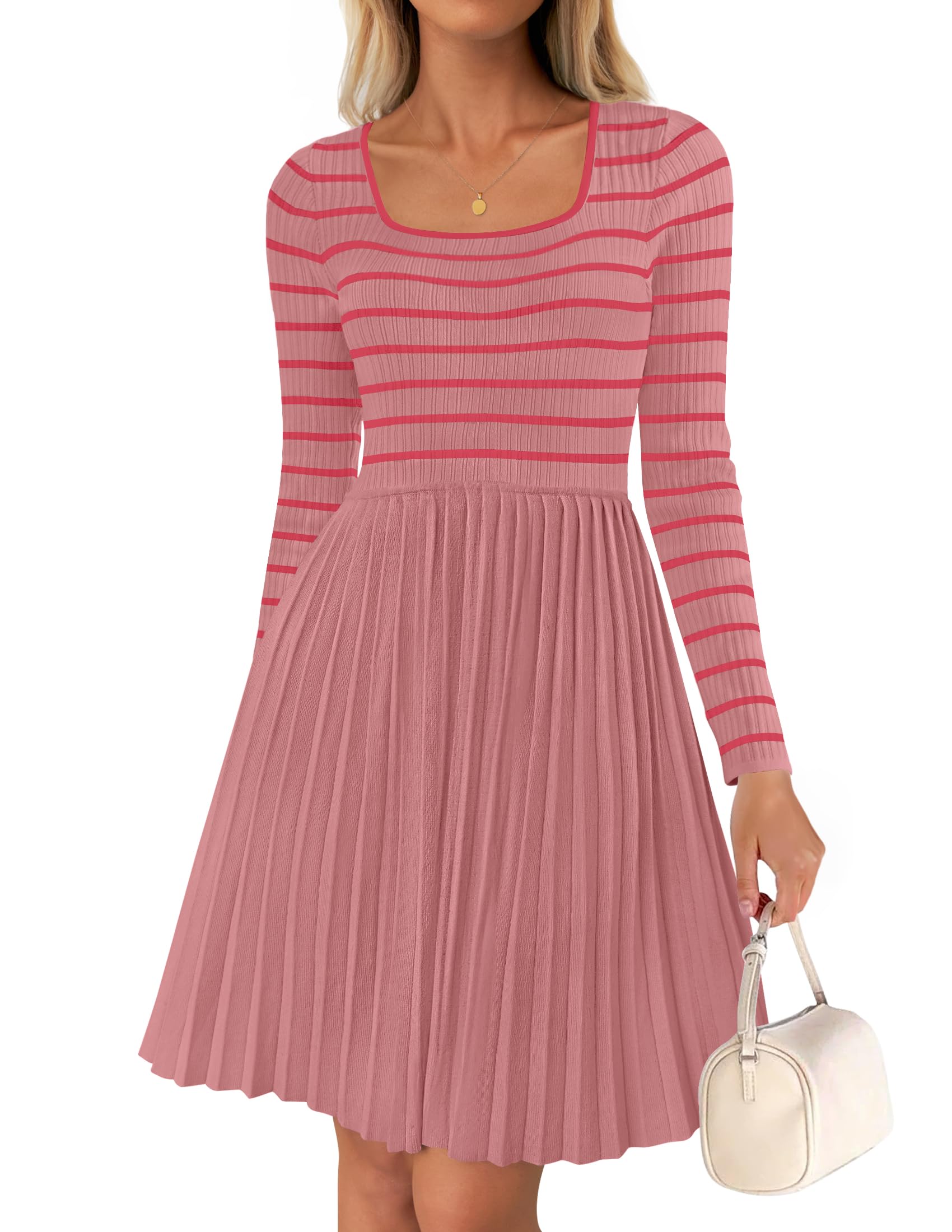 Luxuii Striped Square Neck Pleated Ribbed Knit Mini Dress