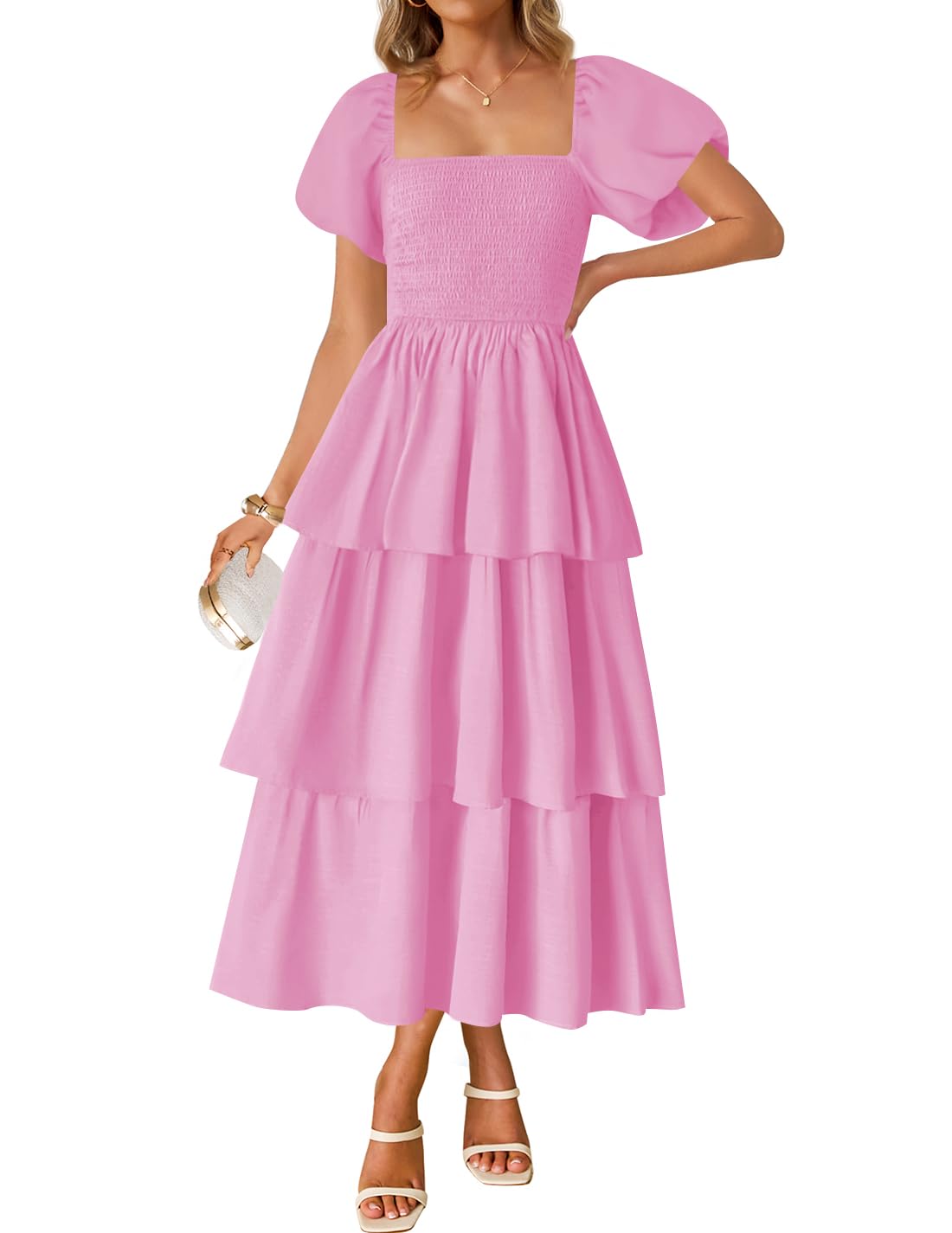 Luxuii Boho Short Puff Sleeve Flowy A Line Tiered Dresses
