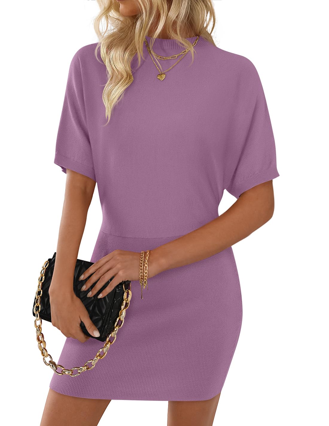 Luxuii Mock Neck Sleeve Slim Fit Ribbed Knit Short Sweater Dresses