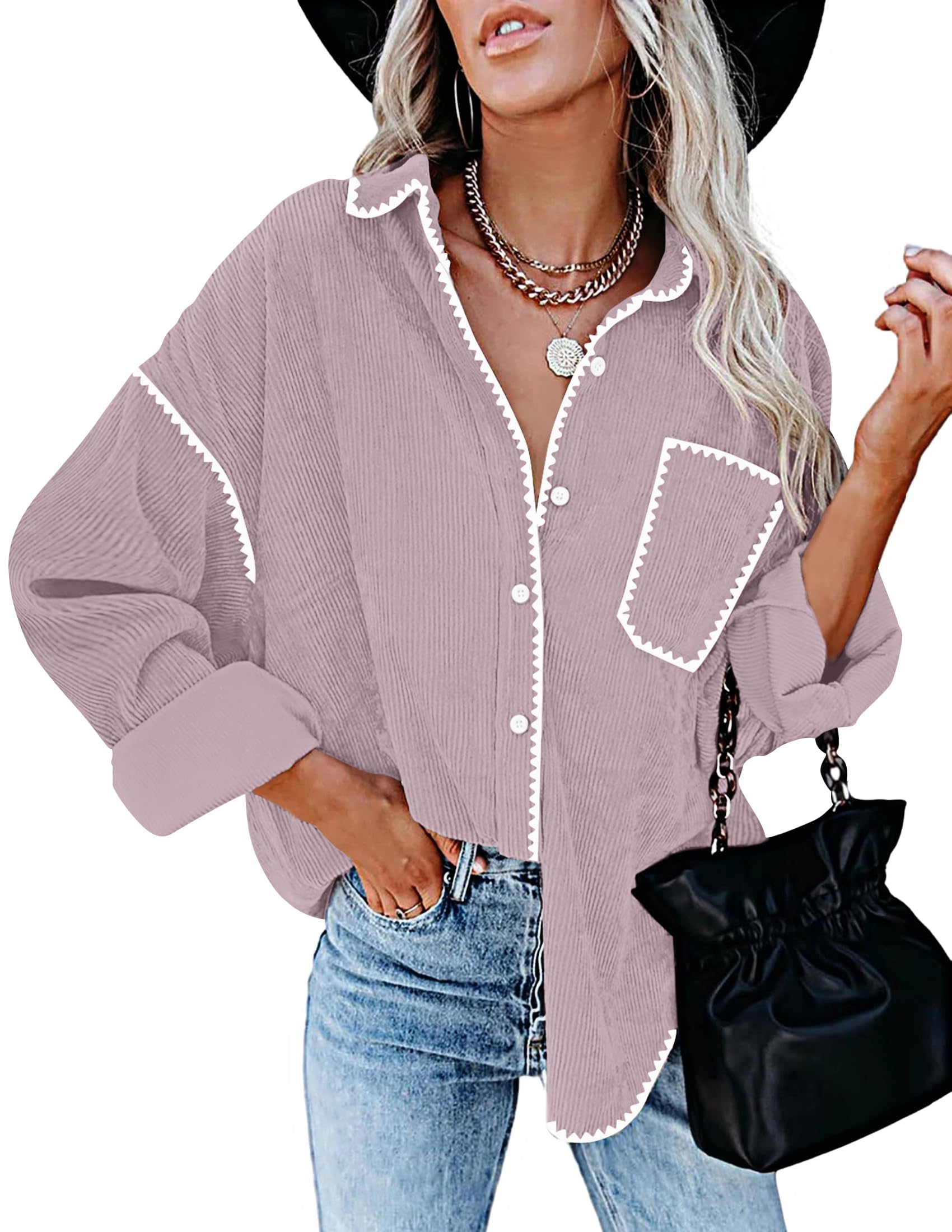 Luxuii Corduroy Shacket Jacket Button Down Blouses Tops