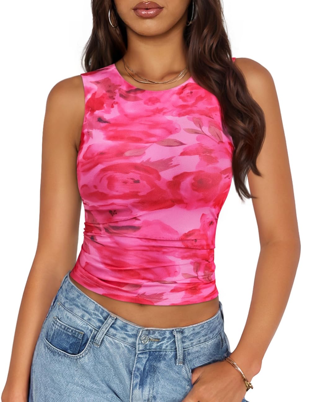 Luxuii Sleeveless Floral Tank Tops Mesh Y2K Crop Going Out Outfits