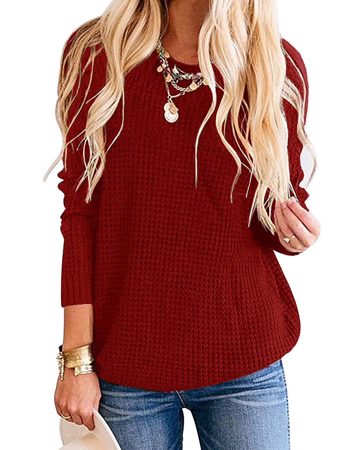 Luxuii Waffle Knit Loose Pullover Tops
